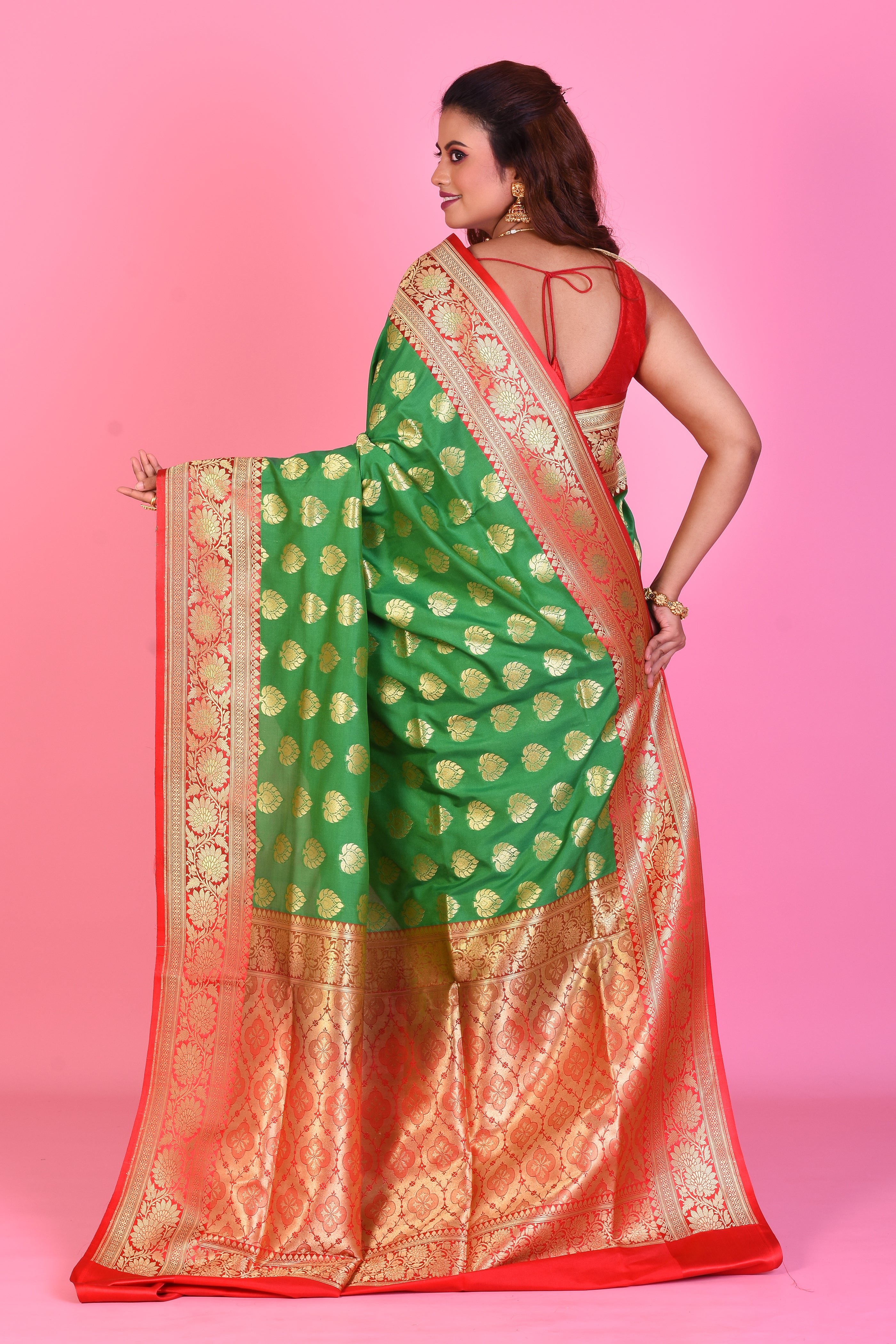 Green Blended Katan Silk Saree with Red Borders - Keya Seth Exclusive