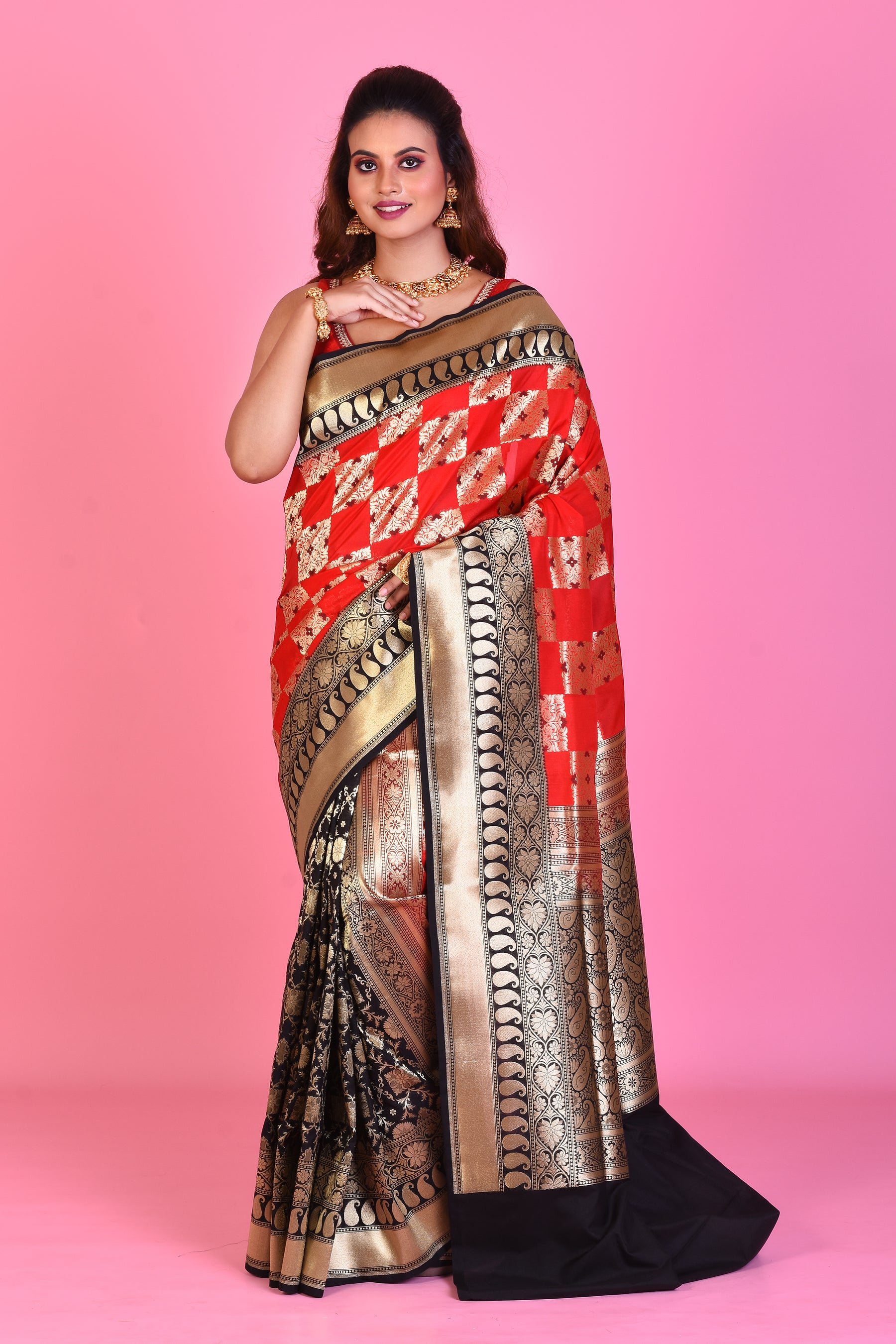 Red & Burgundy Half & Half Blended Katan Silk Saree - Keya Seth Exclusive