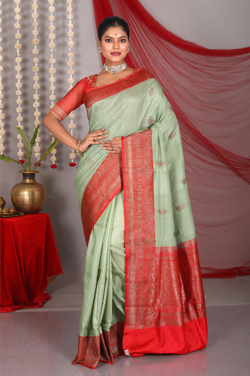 Light Green Pure Tussar Saree - Keya Seth Exclusive