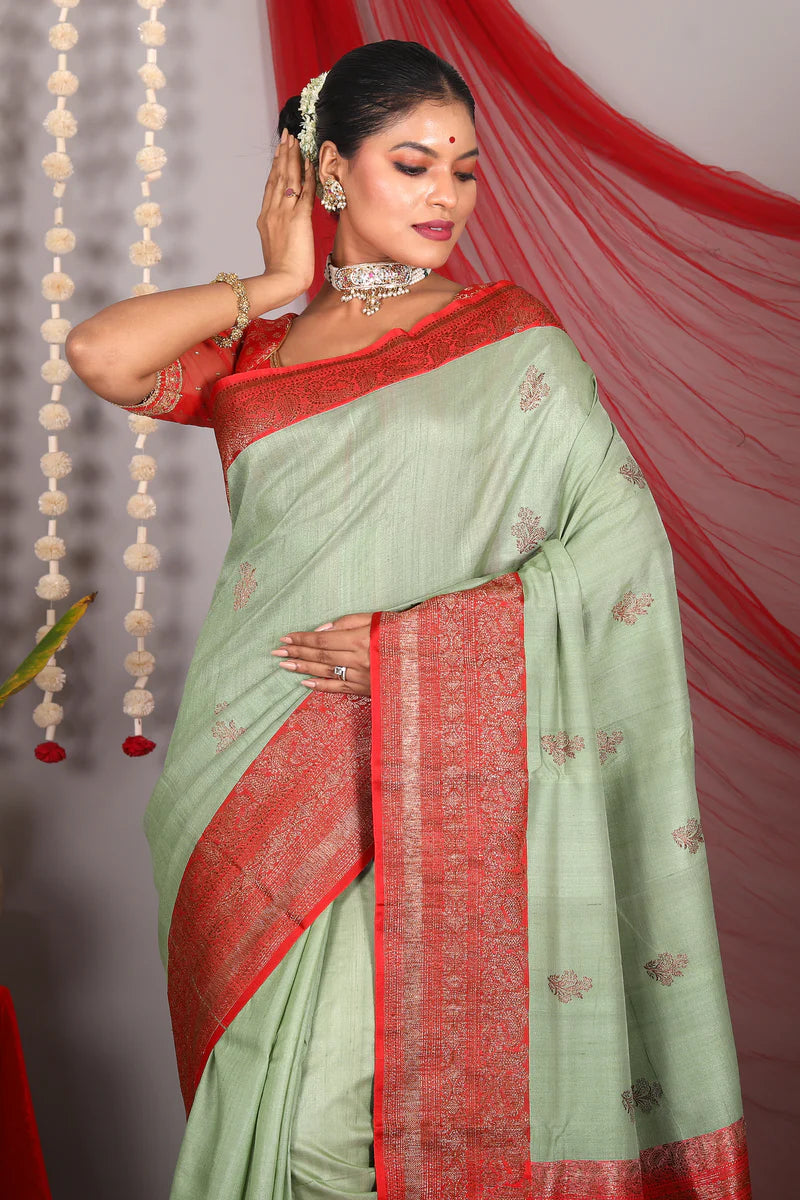 Light Green Pure Tussar Saree - Keya Seth Exclusive