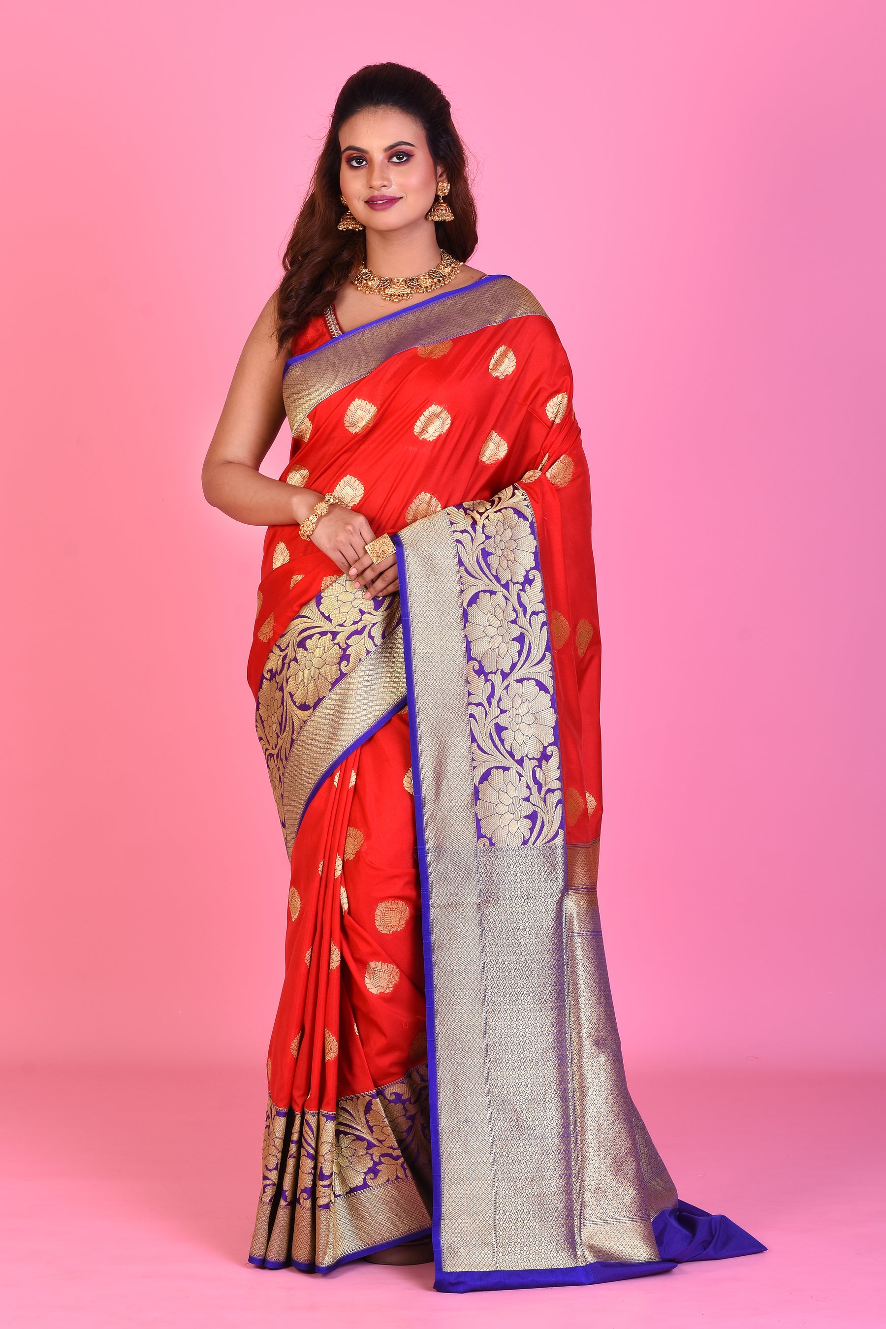 Red Blended Katan Silk Saree with Purple Borders - Keya Seth Exclusive