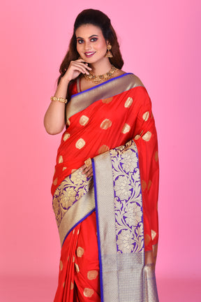 Red Blended Katan Silk Saree with Purple Borders - Keya Seth Exclusive