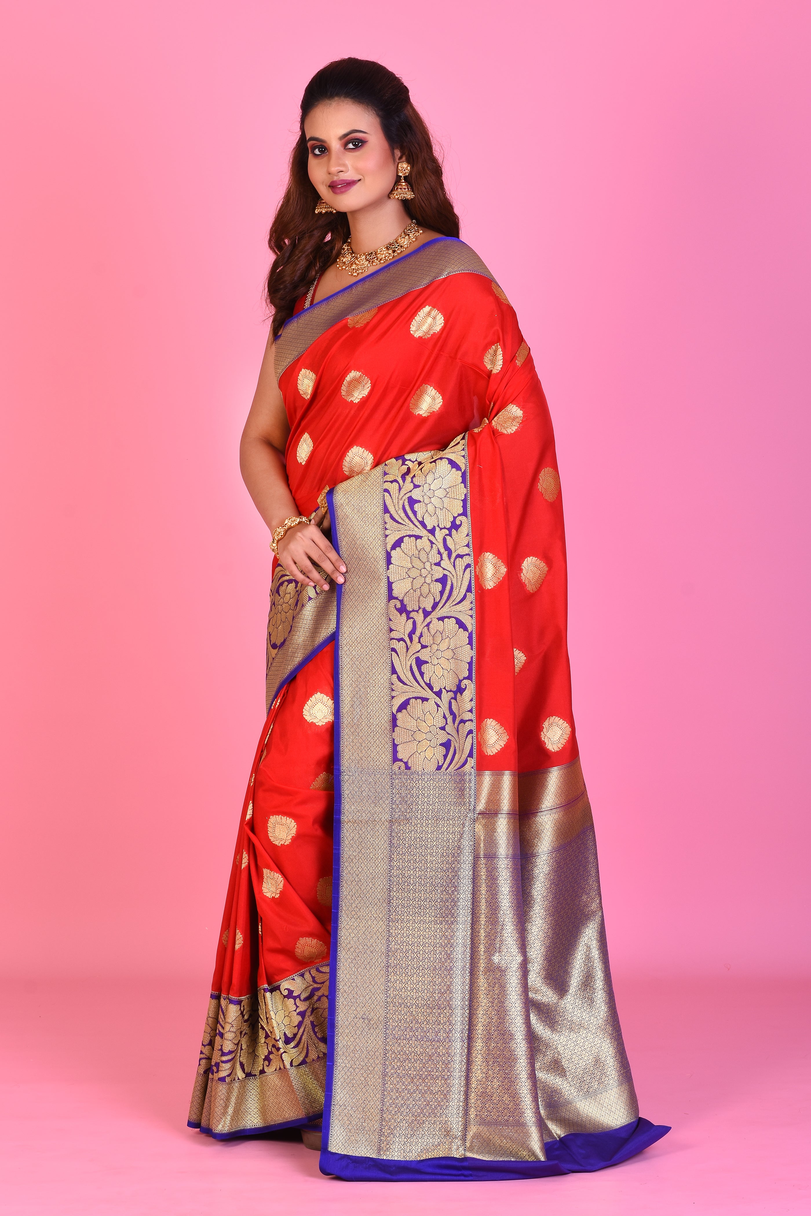 Red Blended Katan Silk Saree with Purple Borders - Keya Seth Exclusive