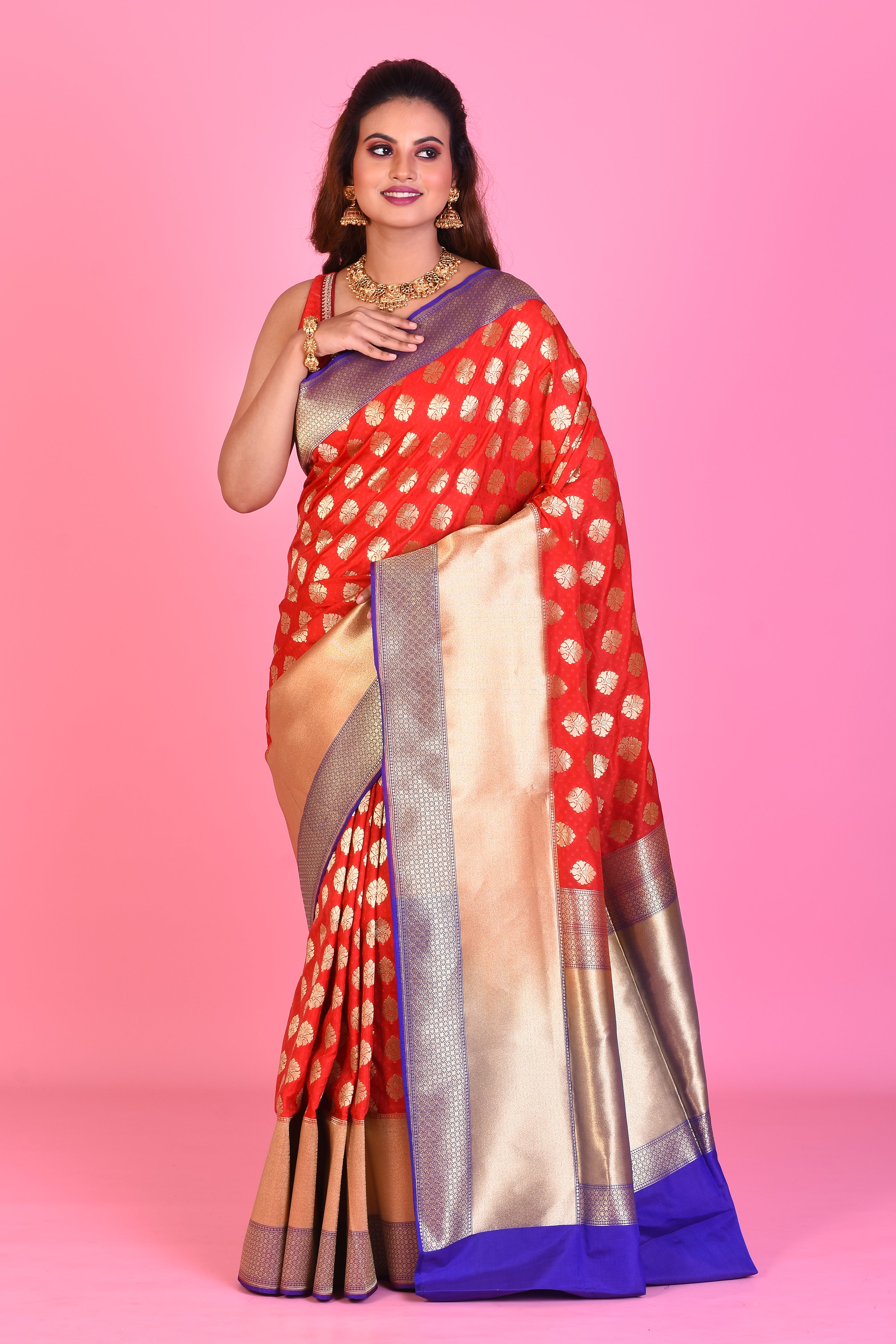 Red Blended Katan Silk Saree with Purple Borders - Keya Seth Exclusive