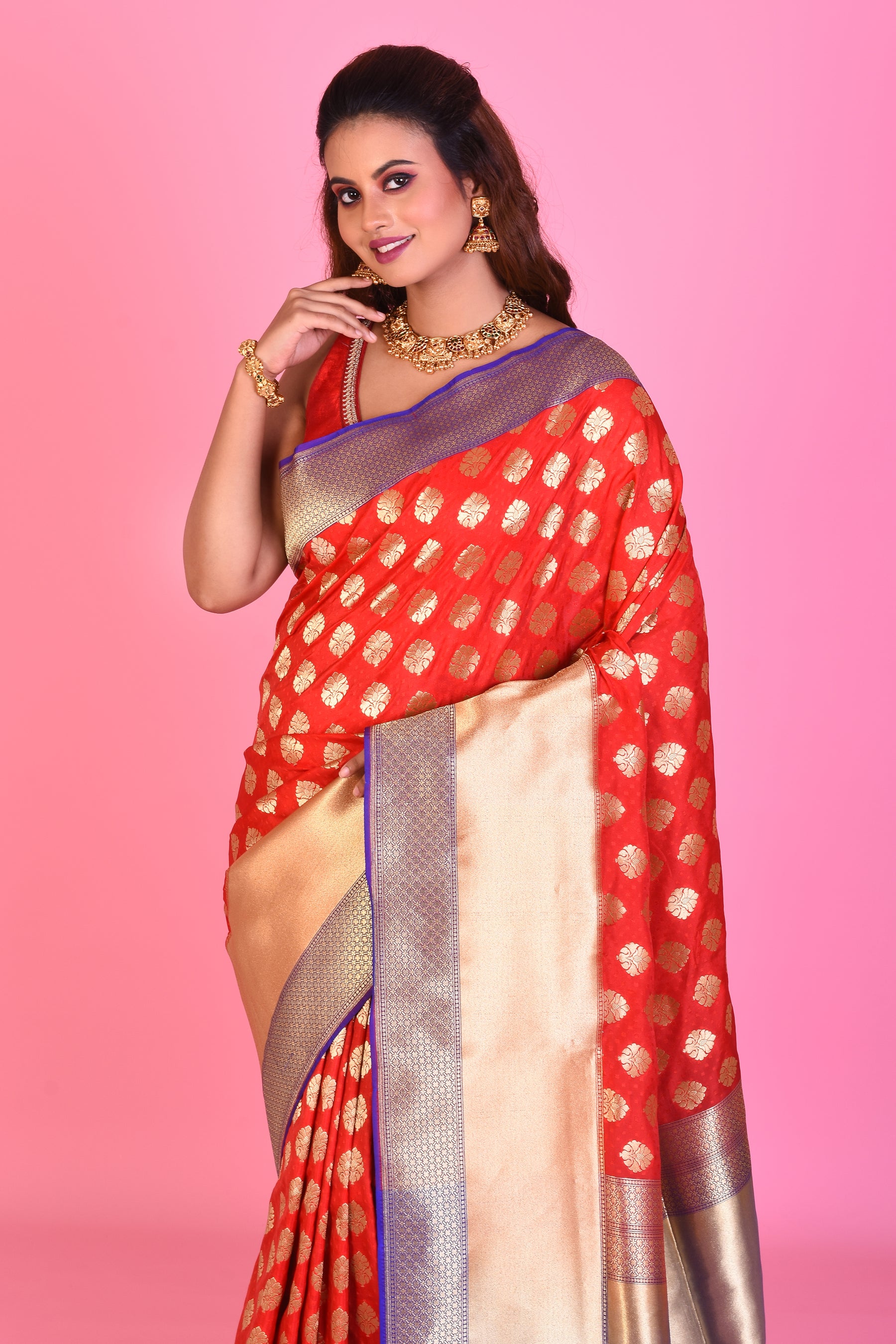 Red Blended Katan Silk Saree with Purple Borders - Keya Seth Exclusive