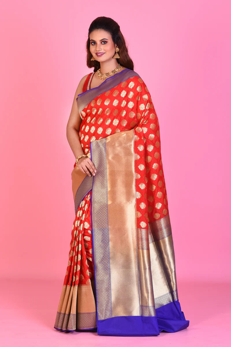 Red Blended Katan Silk Saree with Purple Borders - Keya Seth Exclusive