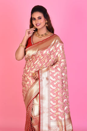 Off-white Blended Katan Silk Saree with Red Borders - Keya Seth Exclusive