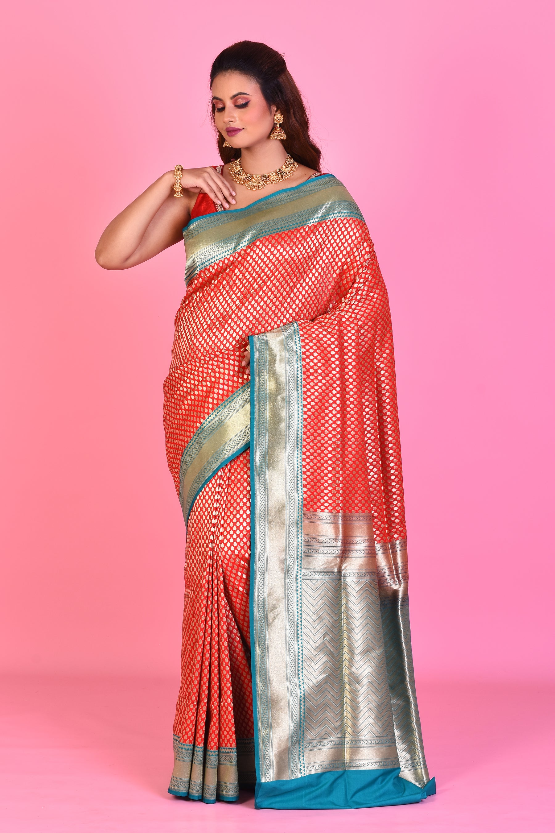 Red Blended Katan Silk Saree with Blue Borders - Keya Seth Exclusive