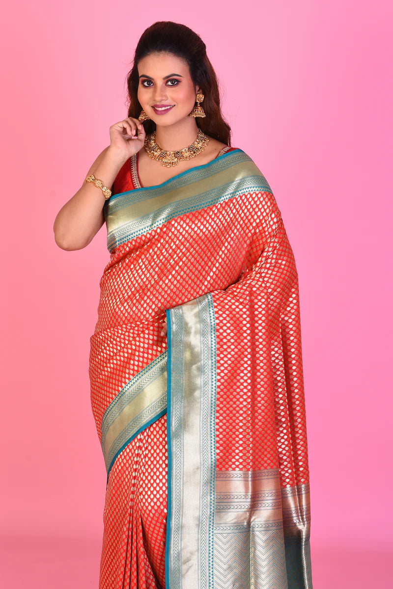 Red Blended Katan Silk Saree with Blue Borders - Keya Seth Exclusive