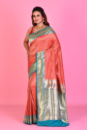 Red Blended Katan Silk Saree with Blue Borders - Keya Seth Exclusive