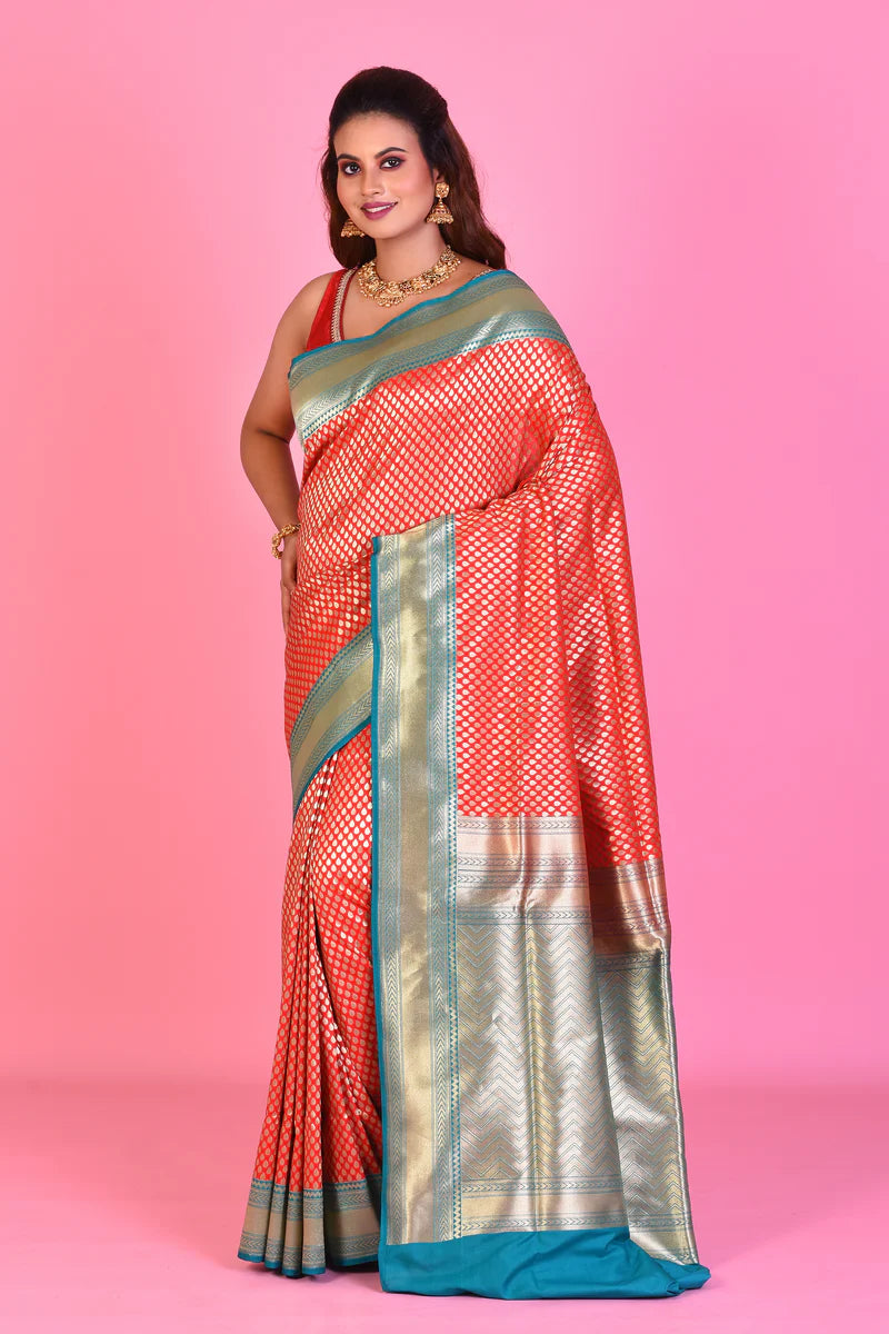 Red Blended Katan Silk Saree with Blue Borders - Keya Seth Exclusive