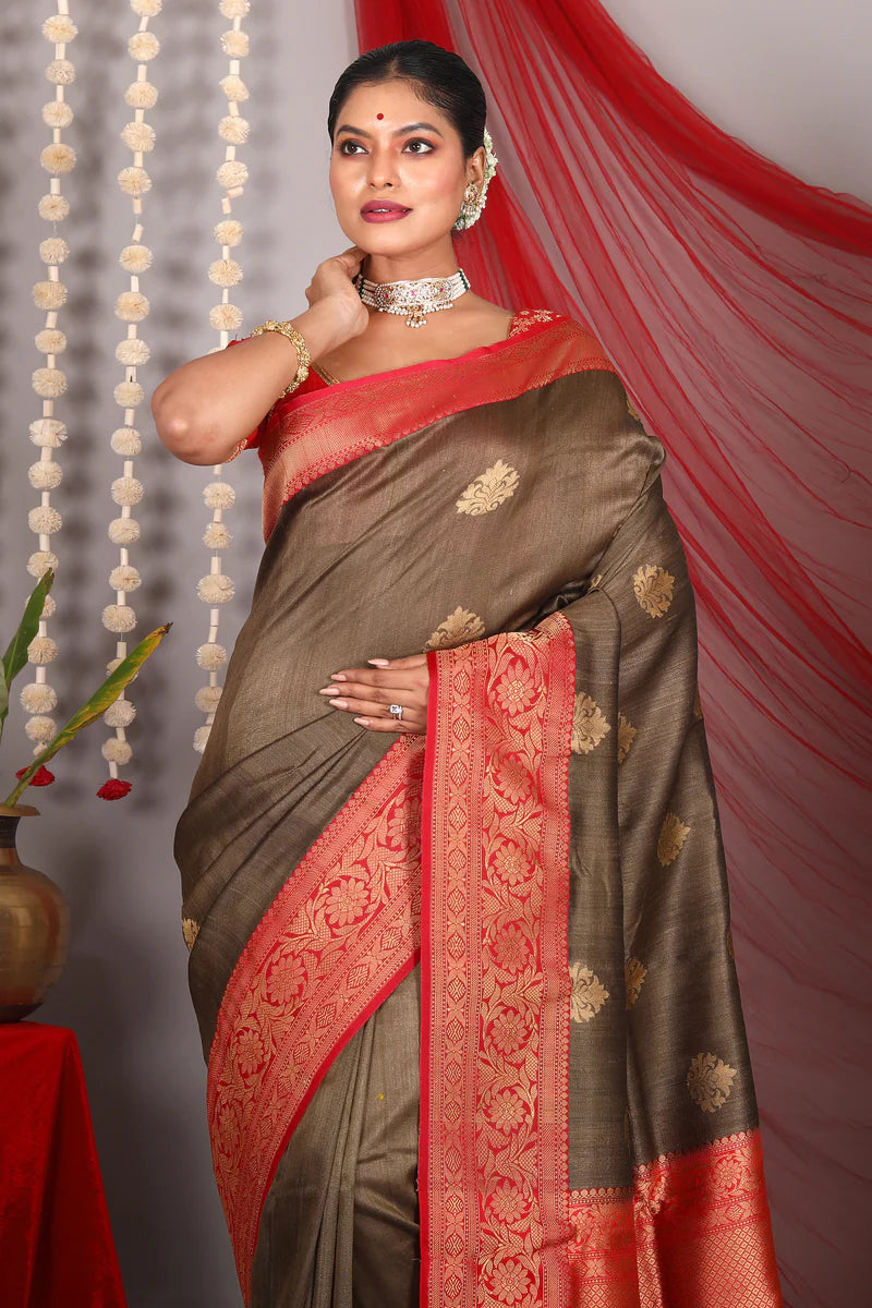 Grey Pure Tussar Saree - Keya Seth Exclusive