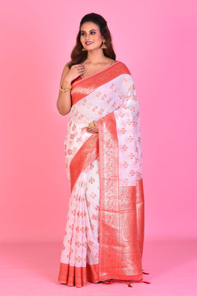 White Blended Silk Saree with Red Borders - Keya Seth Exclusive