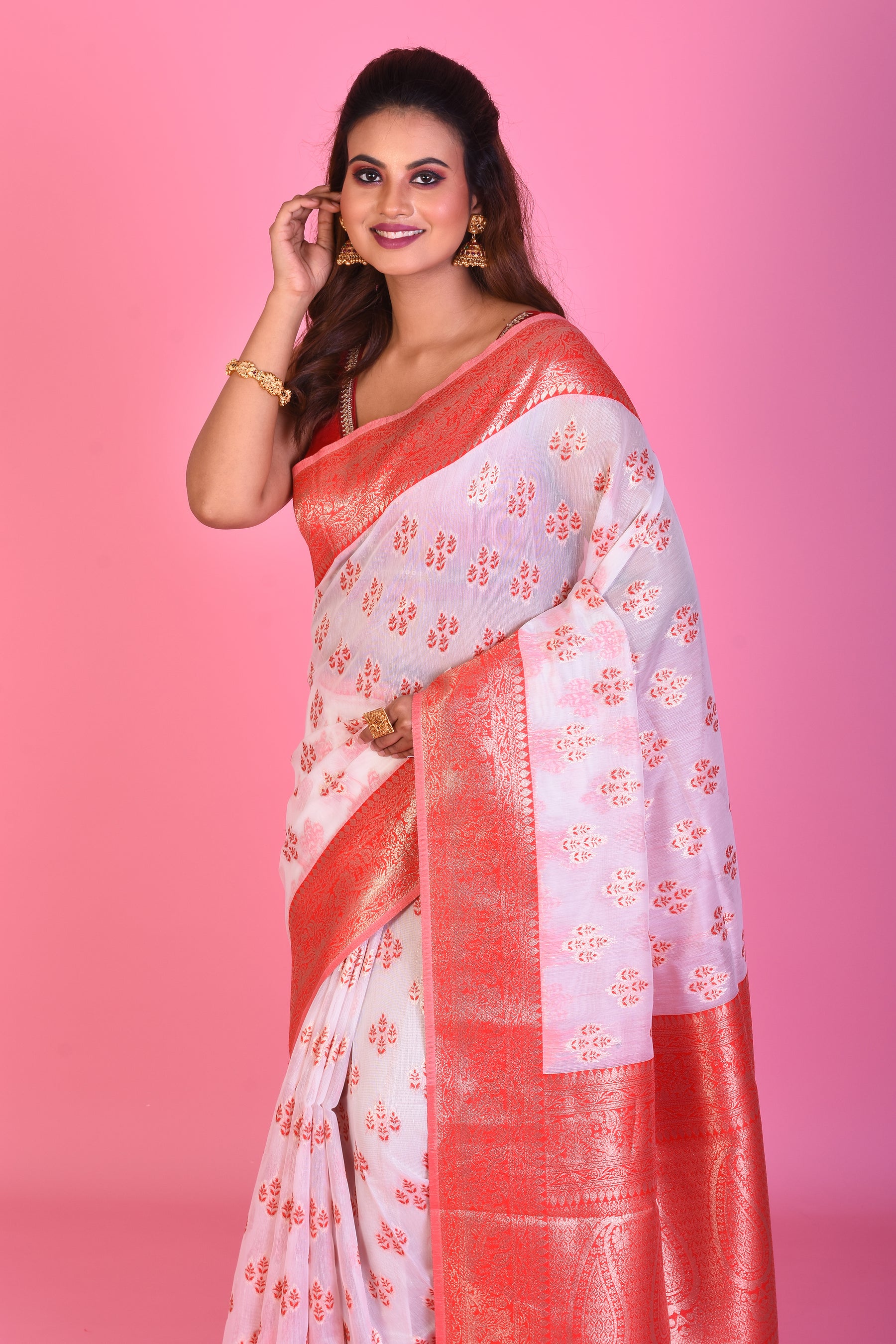 White Blended Silk Saree with Red Borders - Keya Seth Exclusive