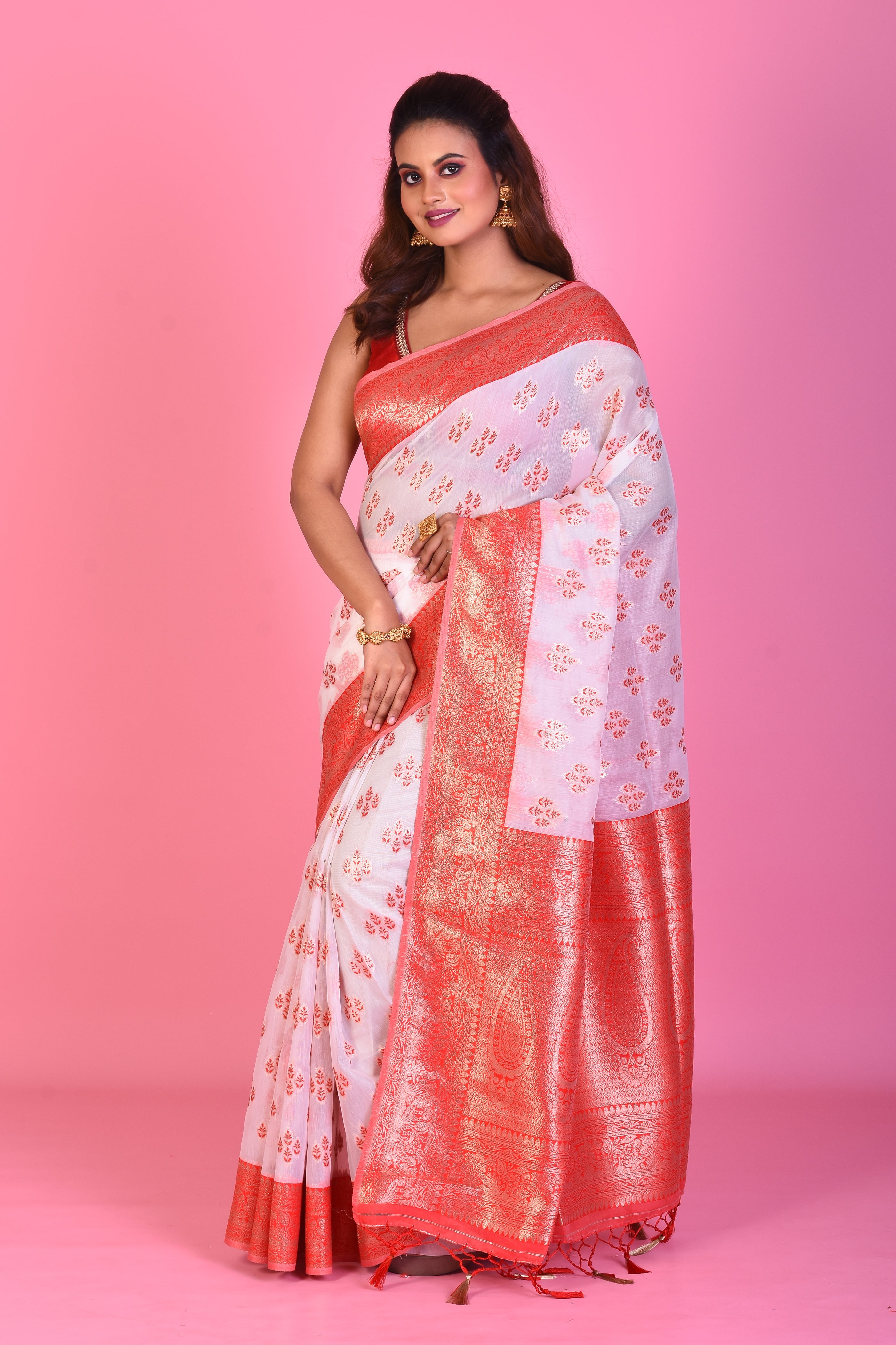 White Blended Silk Saree with Red Borders - Keya Seth Exclusive