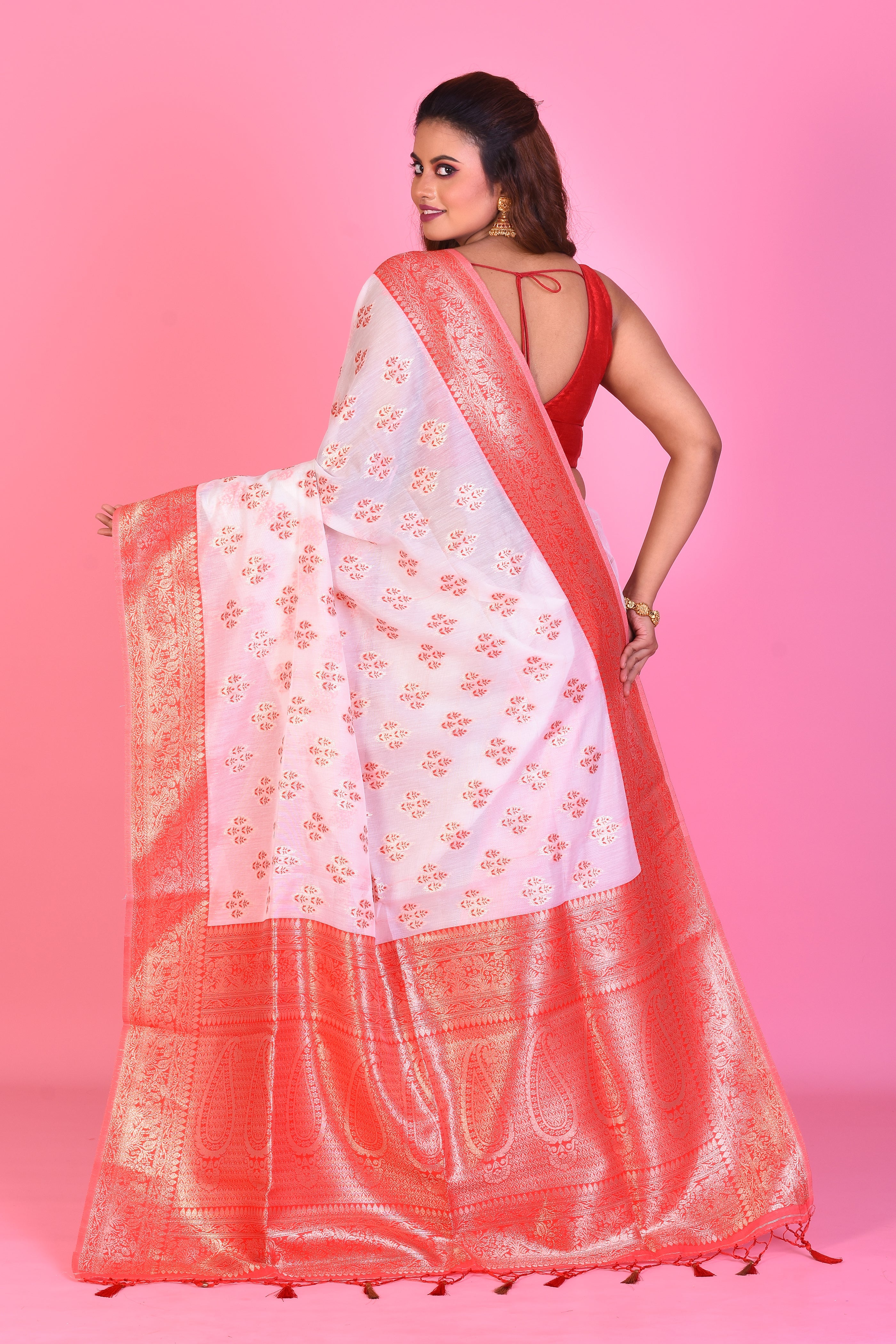 White Blended Silk Saree with Red Borders - Keya Seth Exclusive