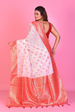 White Blended Silk Saree with Red Borders - Keya Seth Exclusive