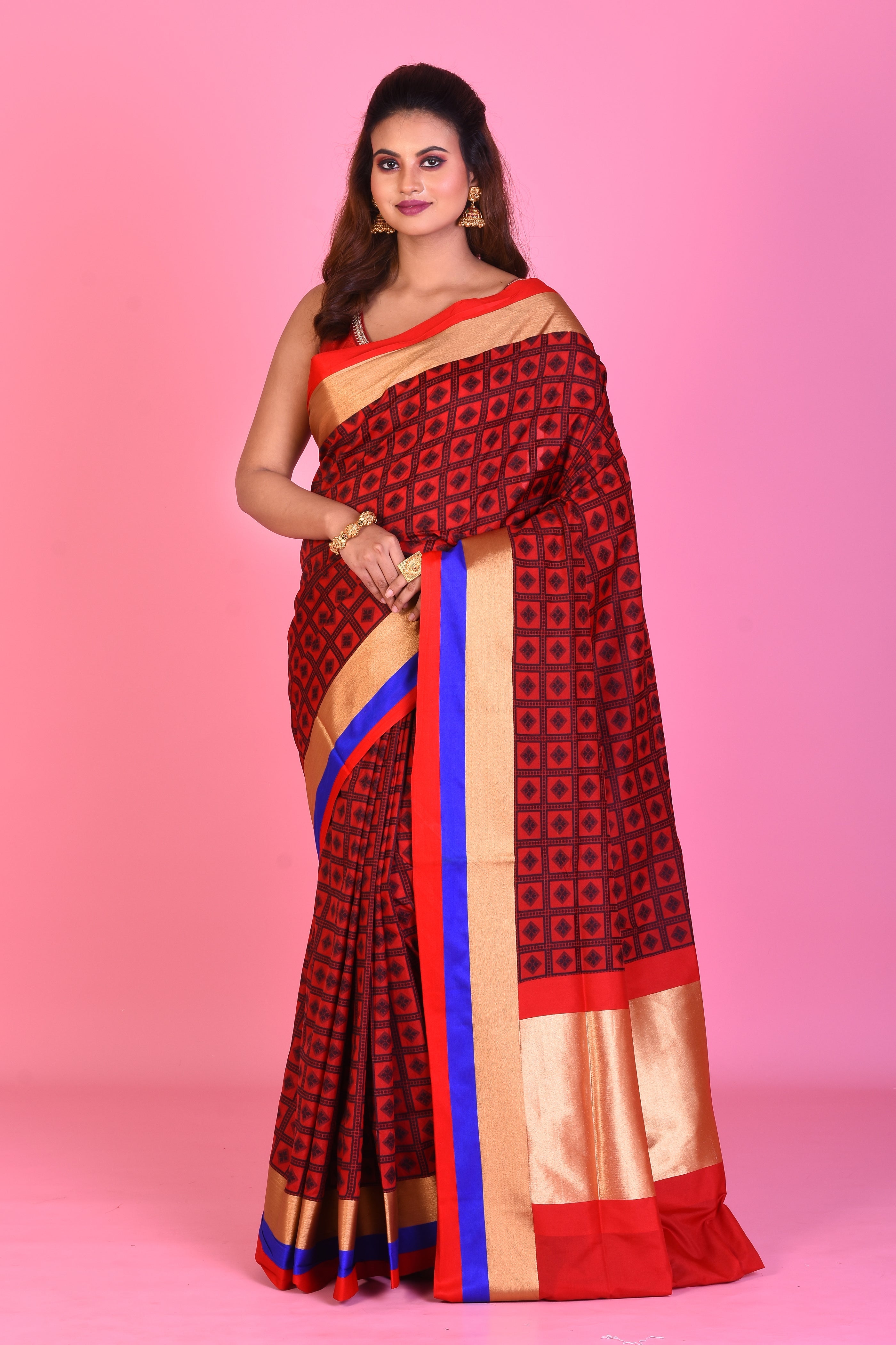 Red Blended Silk Saree with Red and Blue Borders - Keya Seth Exclusive