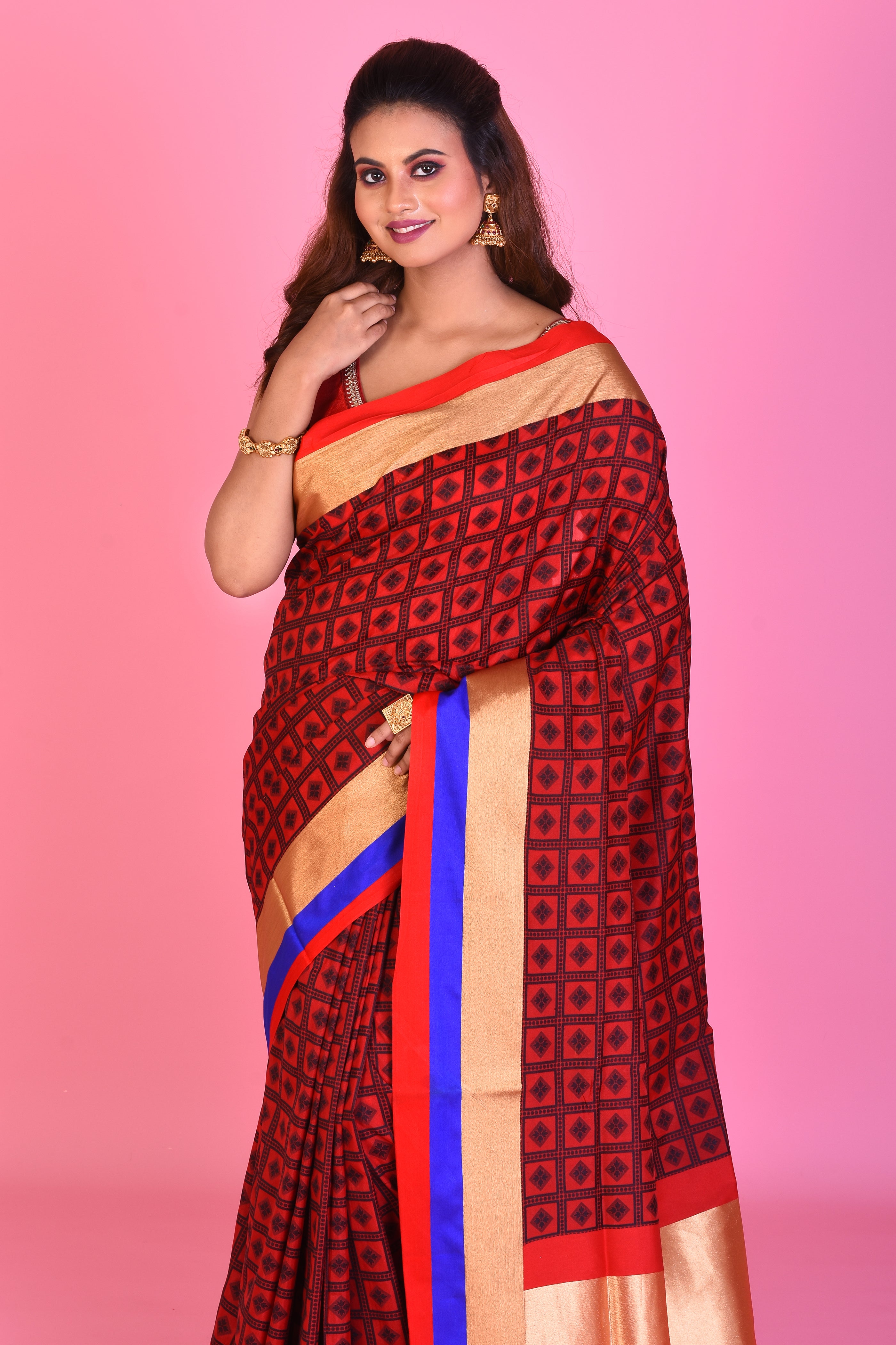 Red Blended Silk Saree with Red and Blue Borders - Keya Seth Exclusive