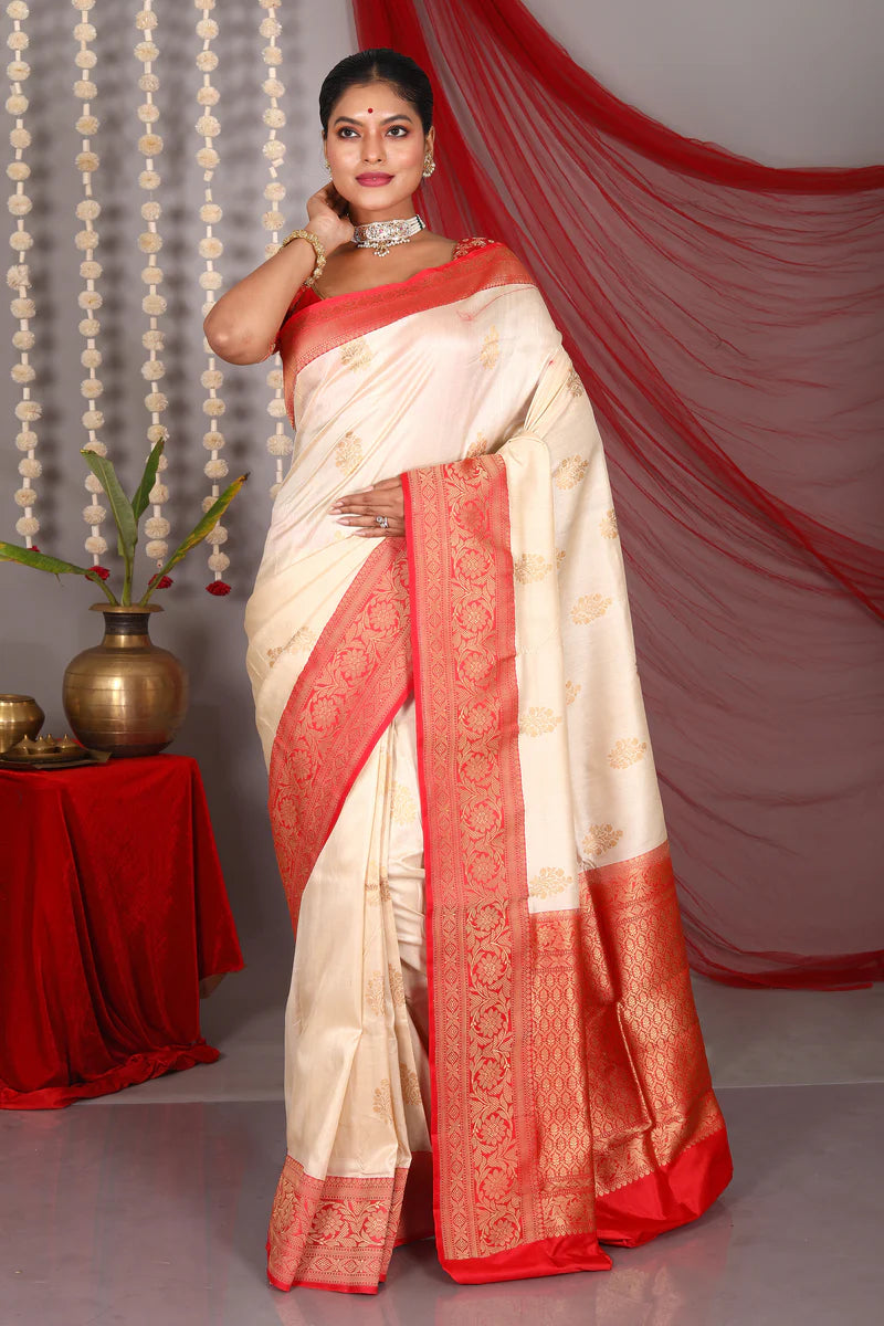 Beige Pure Katan Saree - Keya Seth Exclusive