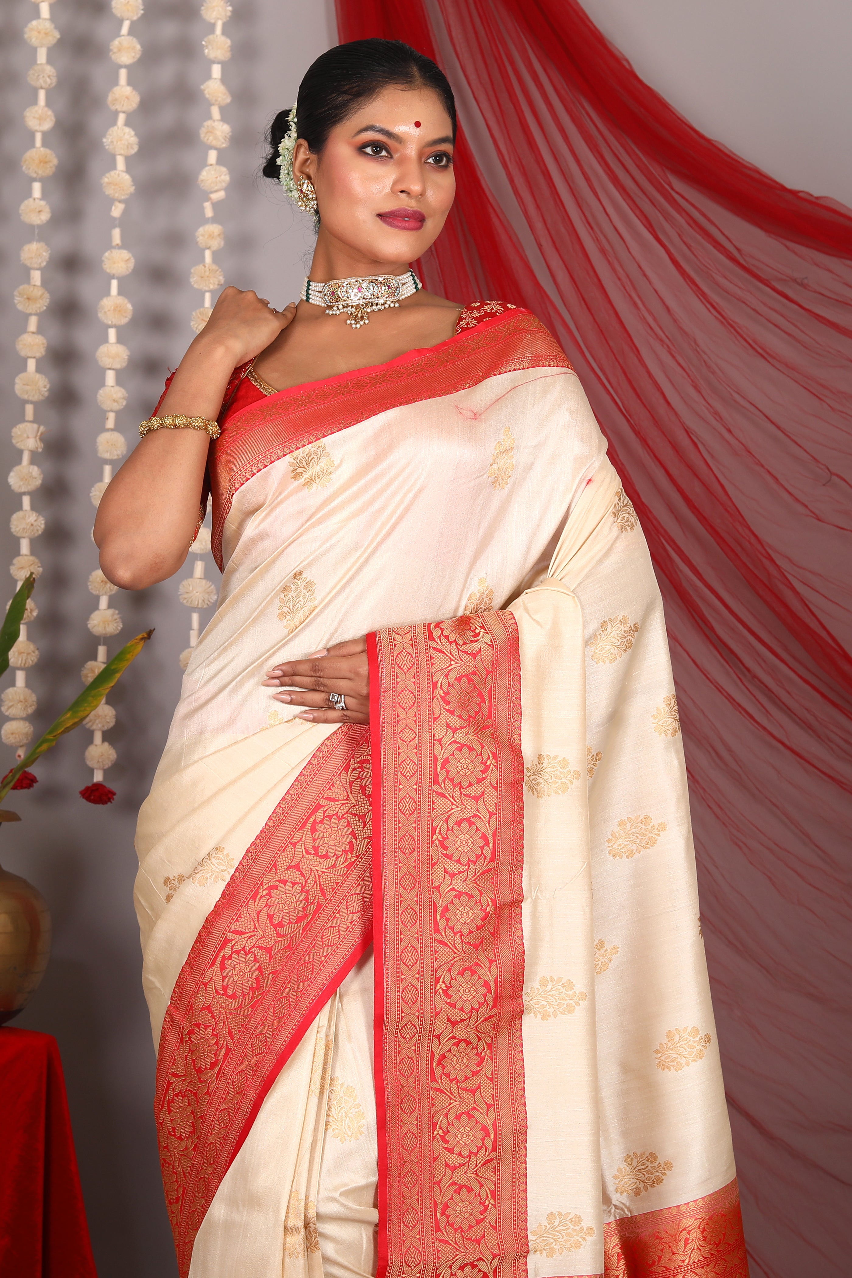 Beige Pure Katan Saree - Keya Seth Exclusive