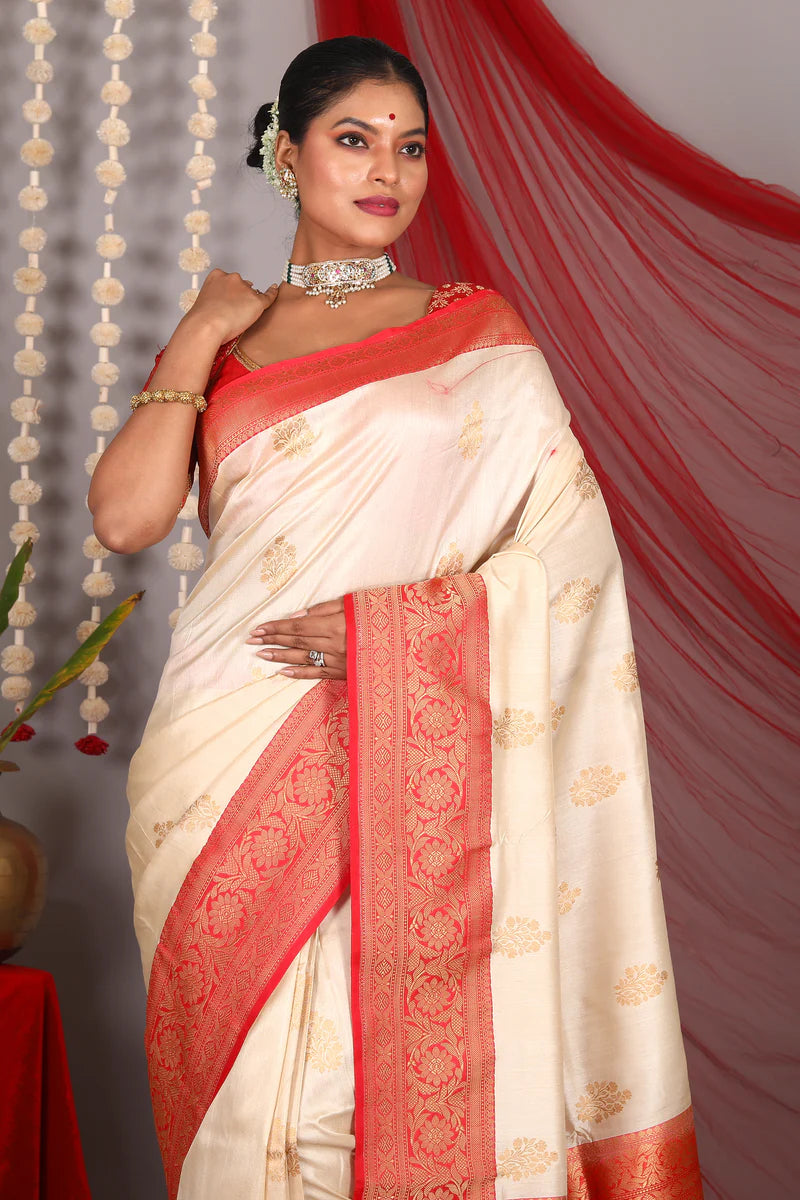 Beige Pure Katan Saree - Keya Seth Exclusive