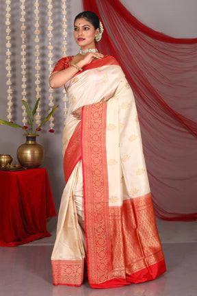 Beige Pure Katan Saree - Keya Seth Exclusive