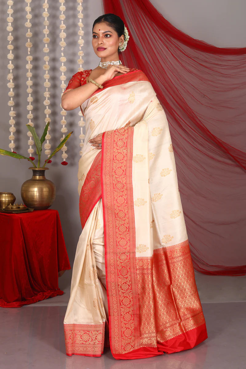 Beige Pure Katan Saree - Keya Seth Exclusive