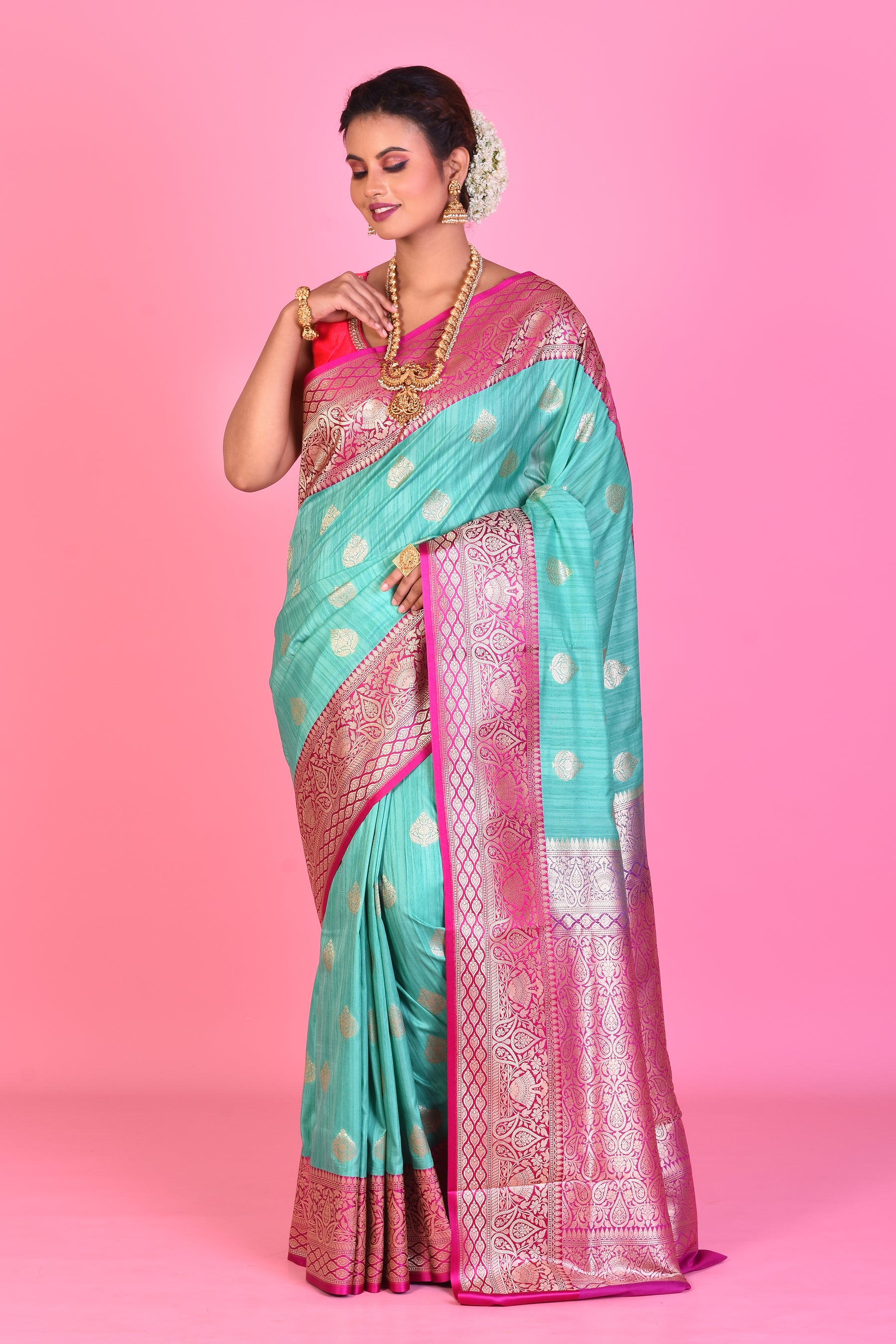 Sea Green Blended Tussar Saree with Pink Borders - Keya Seth Exclusive