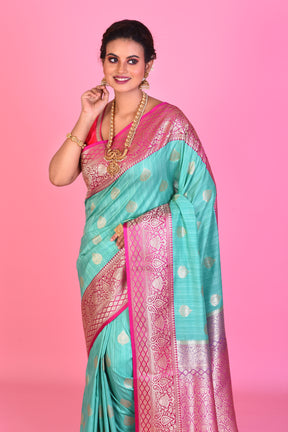 Sea Green Blended Tussar Saree with Pink Borders - Keya Seth Exclusive