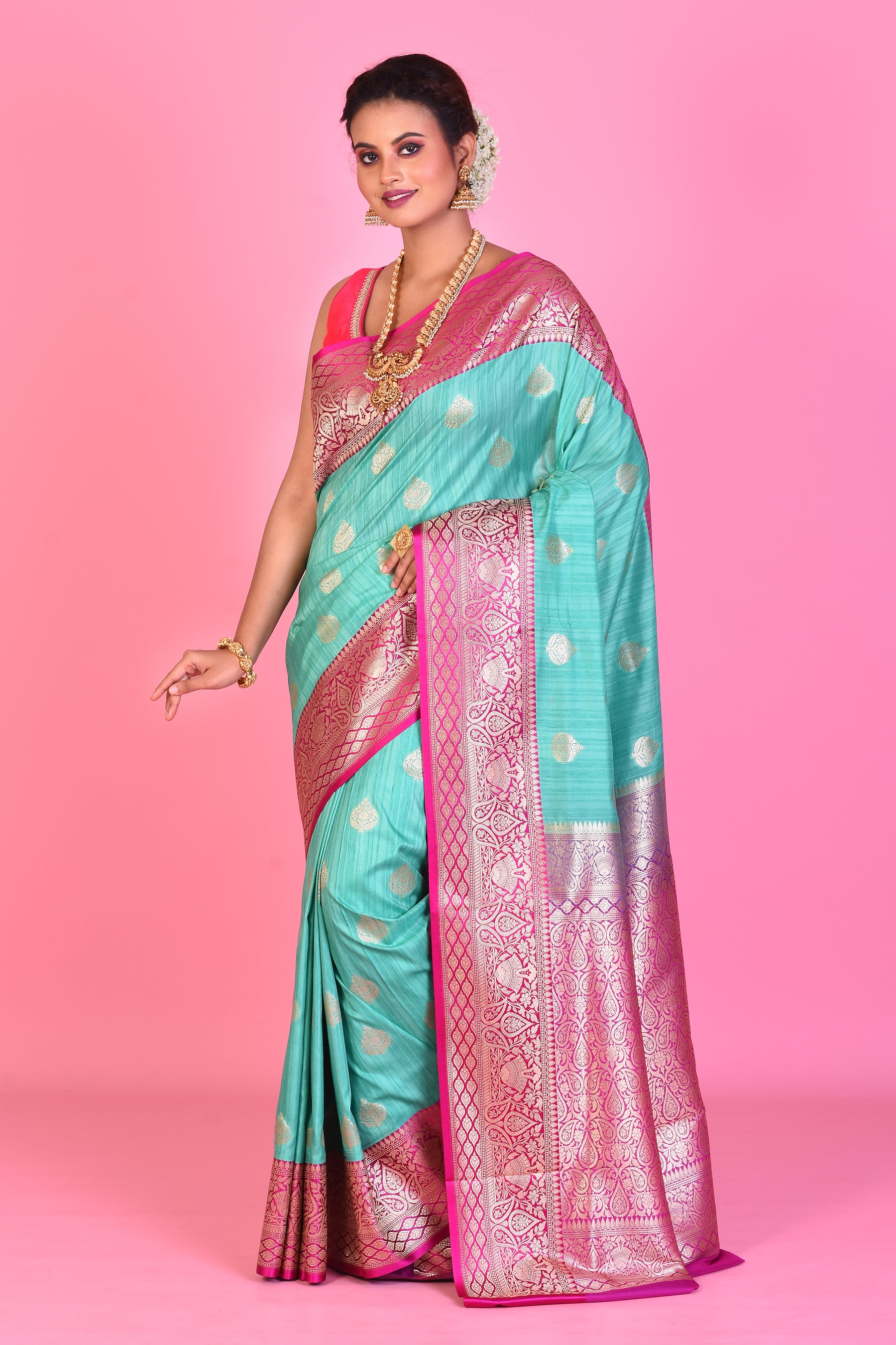 Sea Green Blended Tussar Saree with Pink Borders - Keya Seth Exclusive