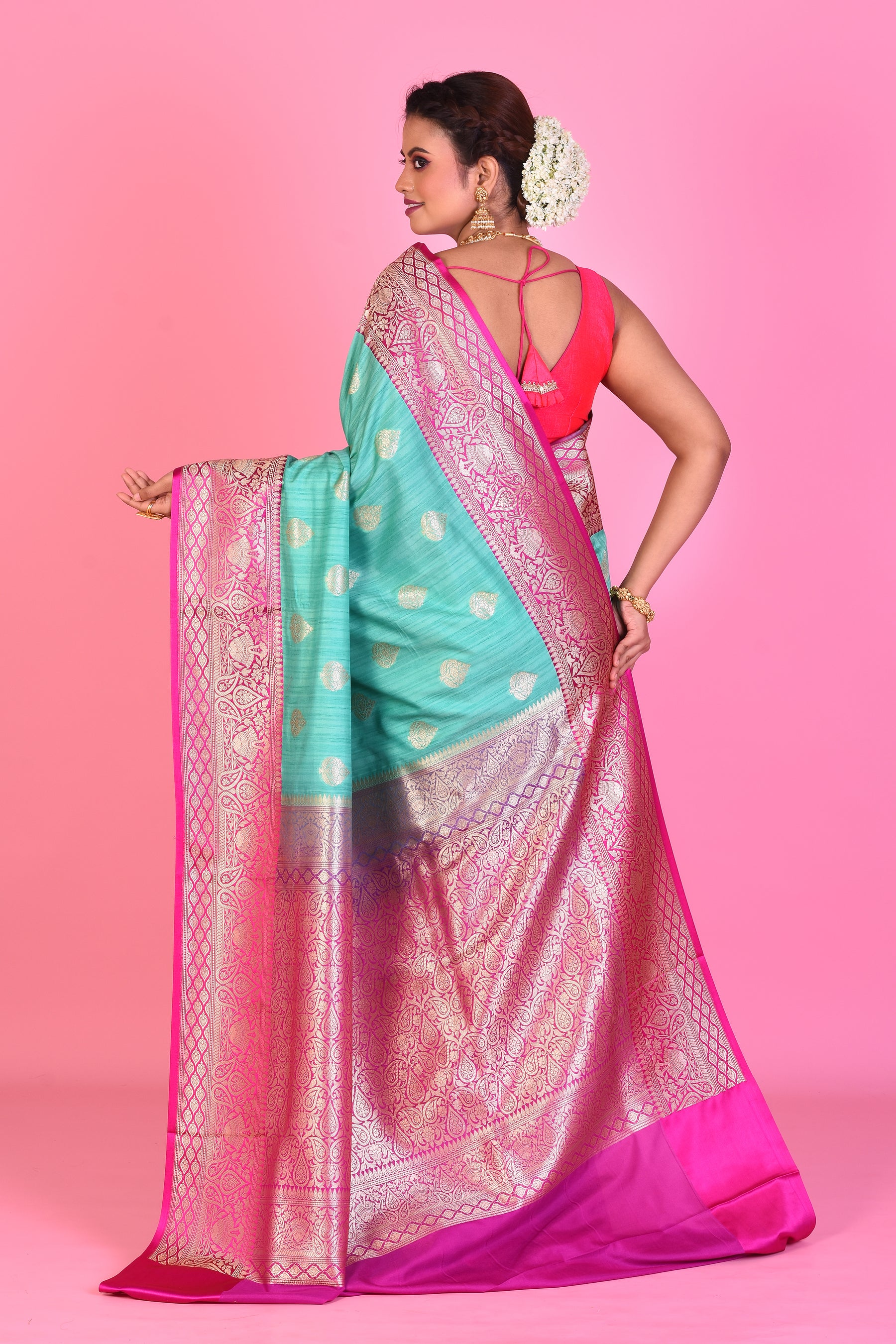 Sea Green Blended Tussar Saree with Pink Borders - Keya Seth Exclusive