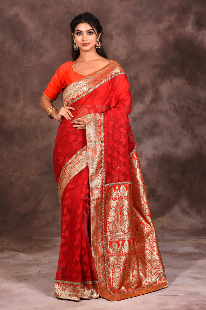 Bright Red Cotton Jamdani Saree - Keya Seth Exclusive