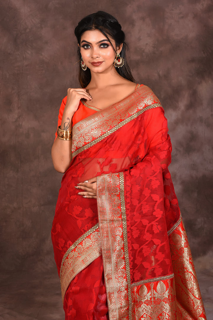 Bright Red Cotton Jamdani Saree - Keya Seth Exclusive