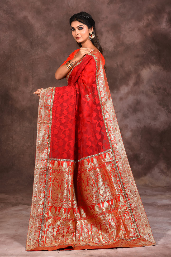 Bright Red Cotton Jamdani Saree - Keya Seth Exclusive