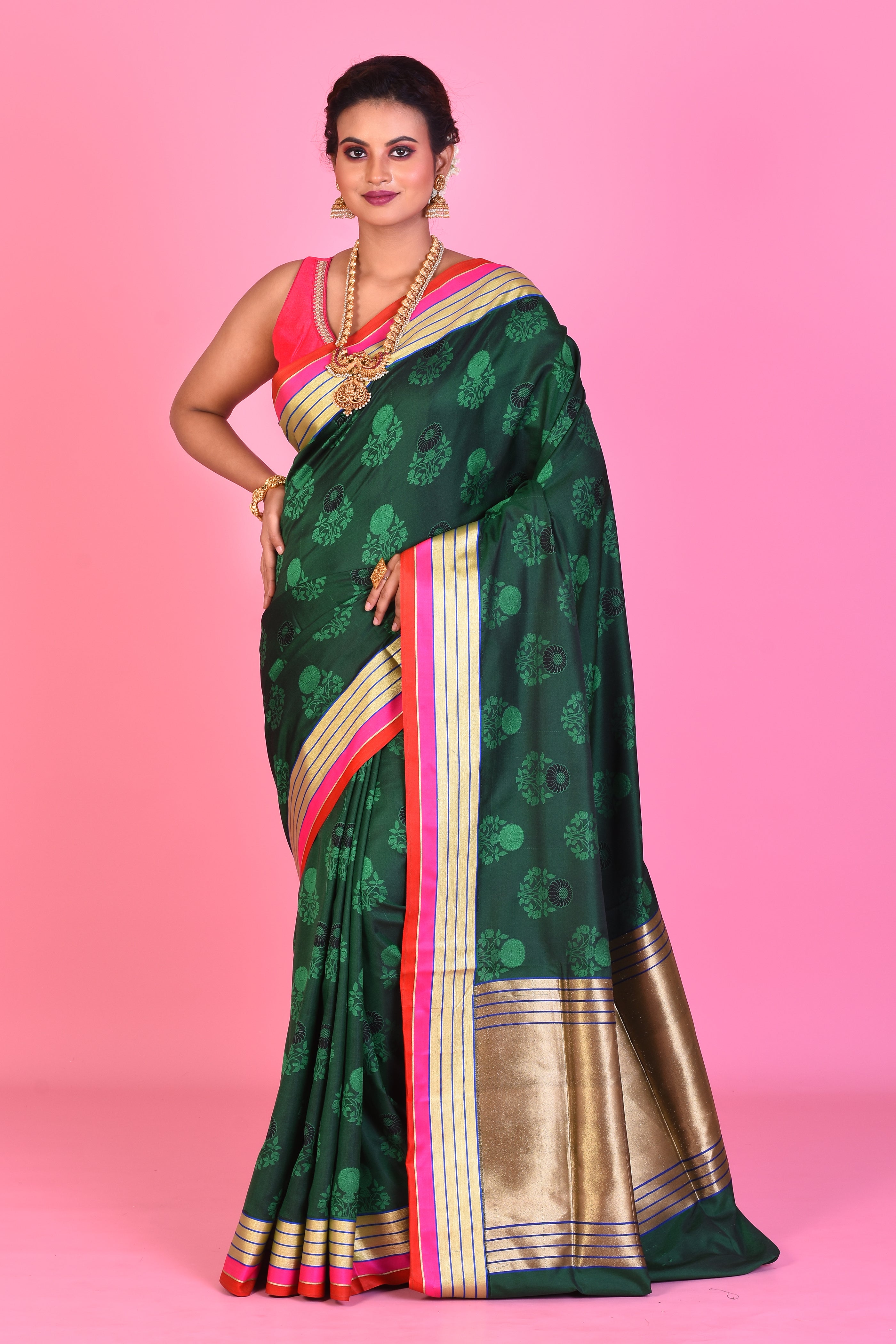 Bottle Green Blended Silk Saree with Self Work - Keya Seth Exclusive