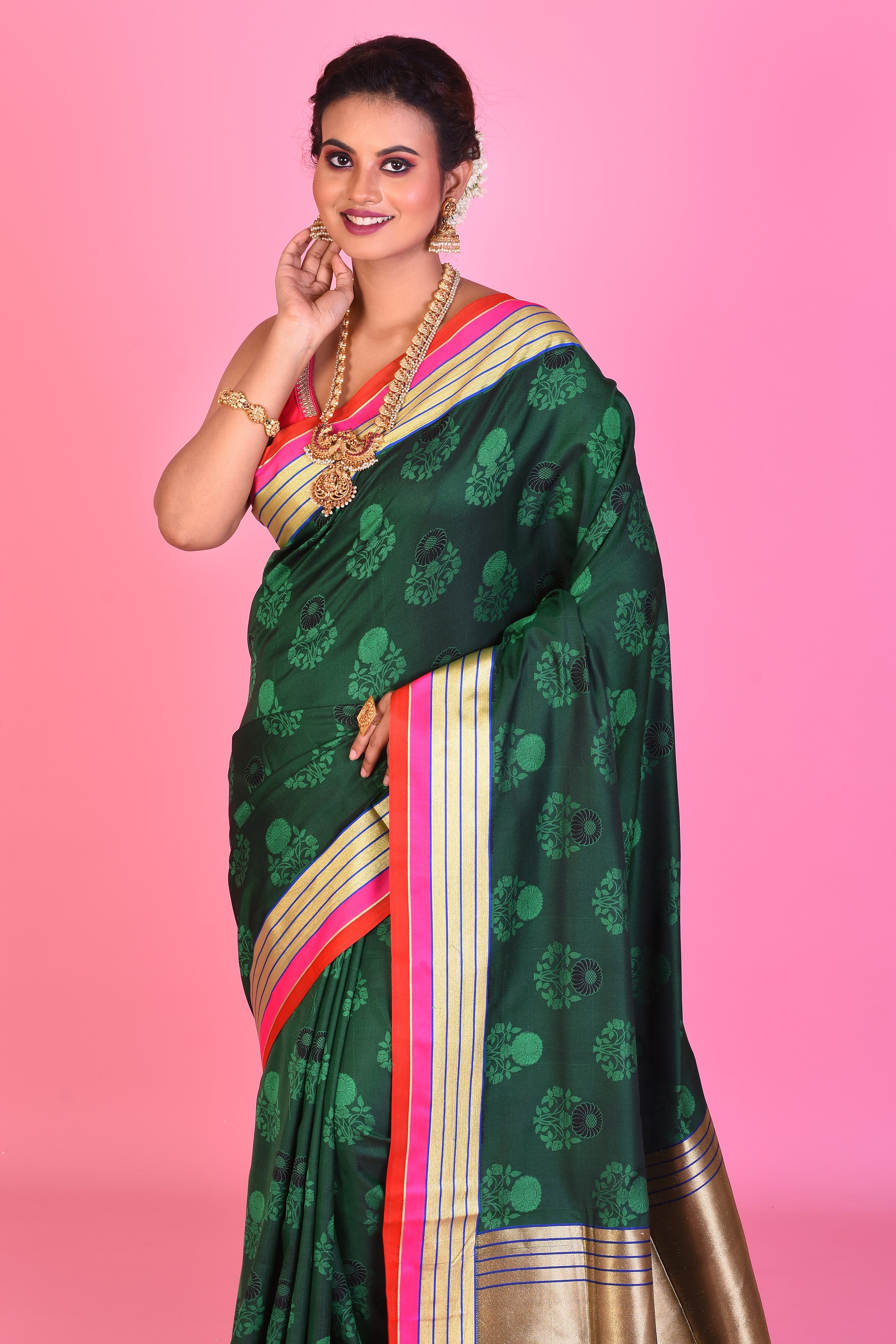 Bottle Green Blended Silk Saree with Self Work - Keya Seth Exclusive