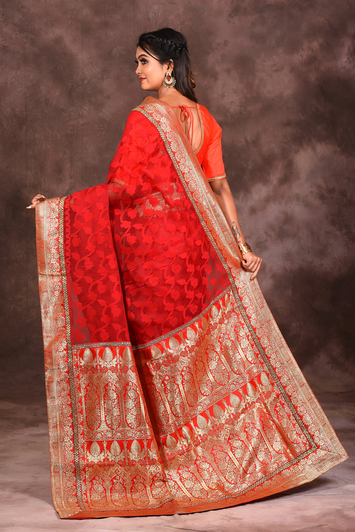 Bright Red Cotton Jamdani Saree - Keya Seth Exclusive