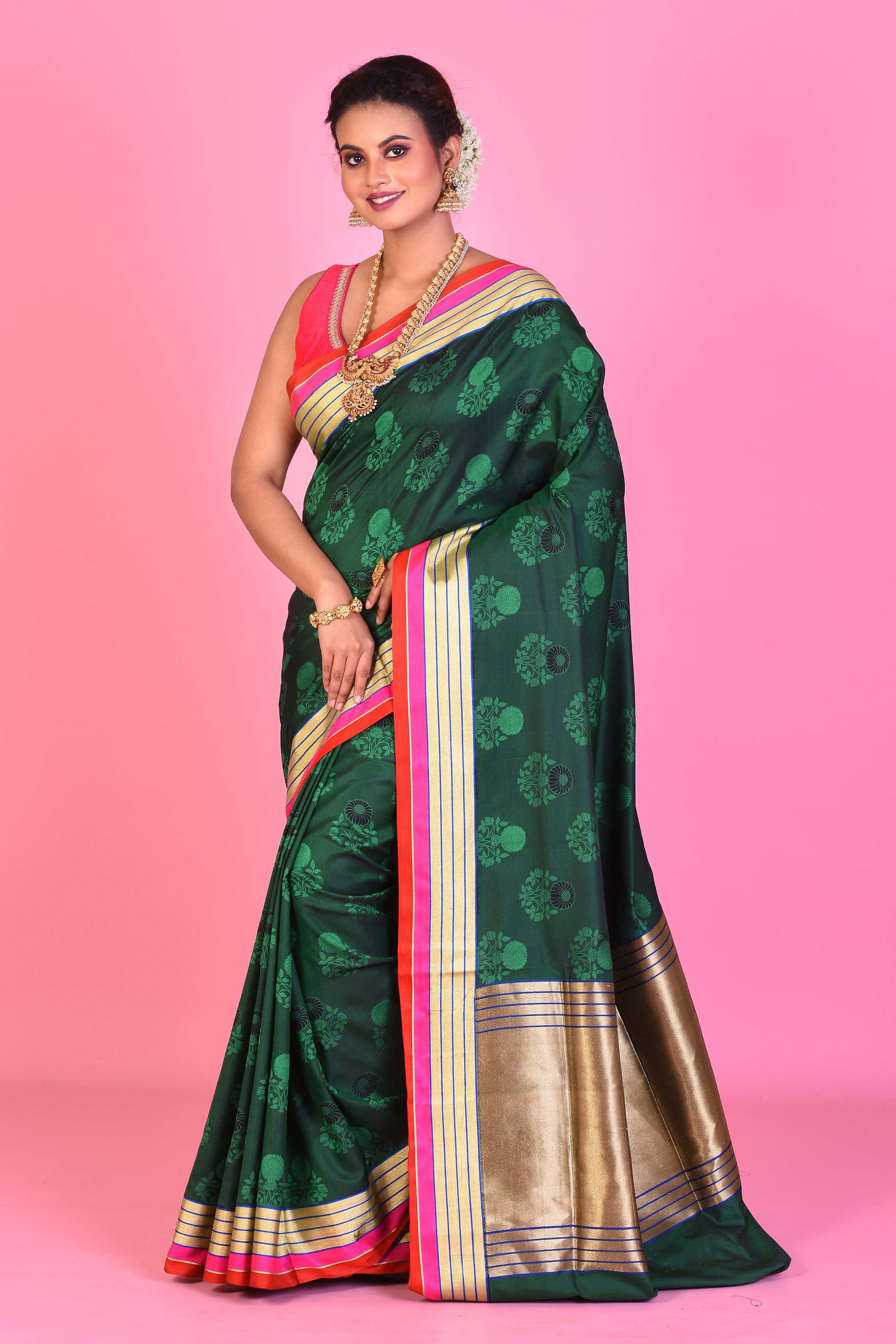 Bottle Green Blended Silk Saree with Self Work - Keya Seth Exclusive