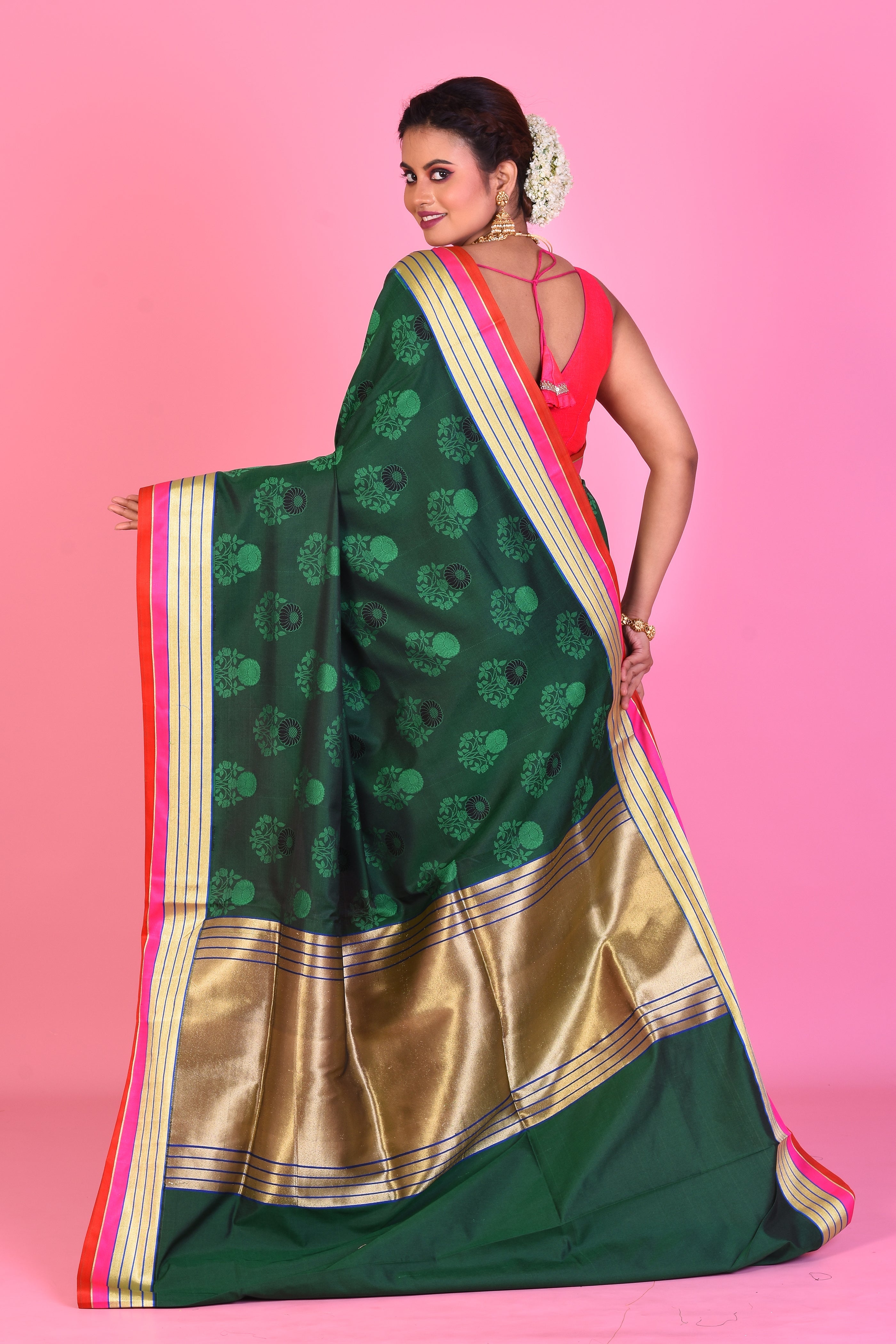 Bottle Green Blended Silk Saree with Self Work - Keya Seth Exclusive