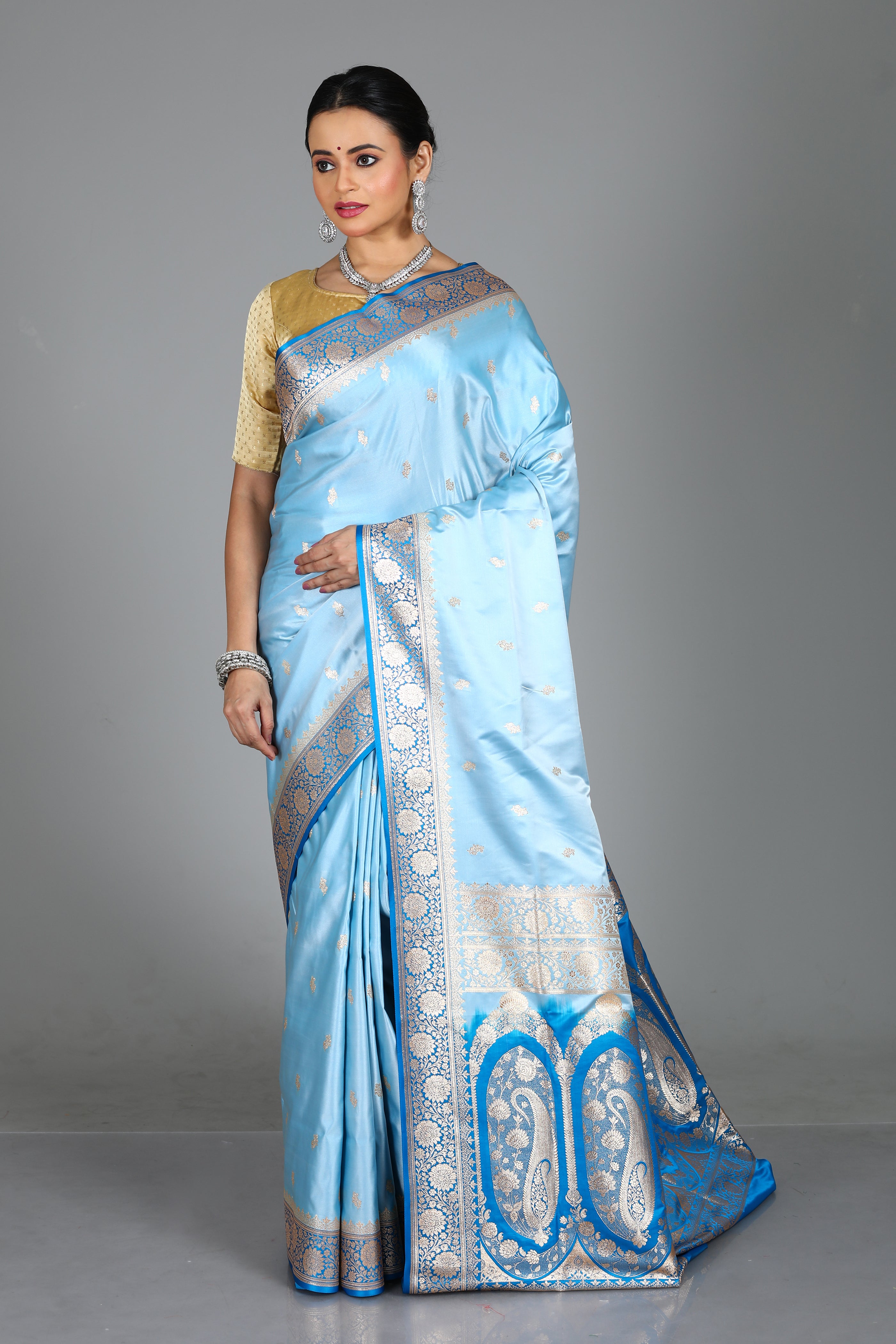 Sky Blue Blended Mashru Silk Saree
