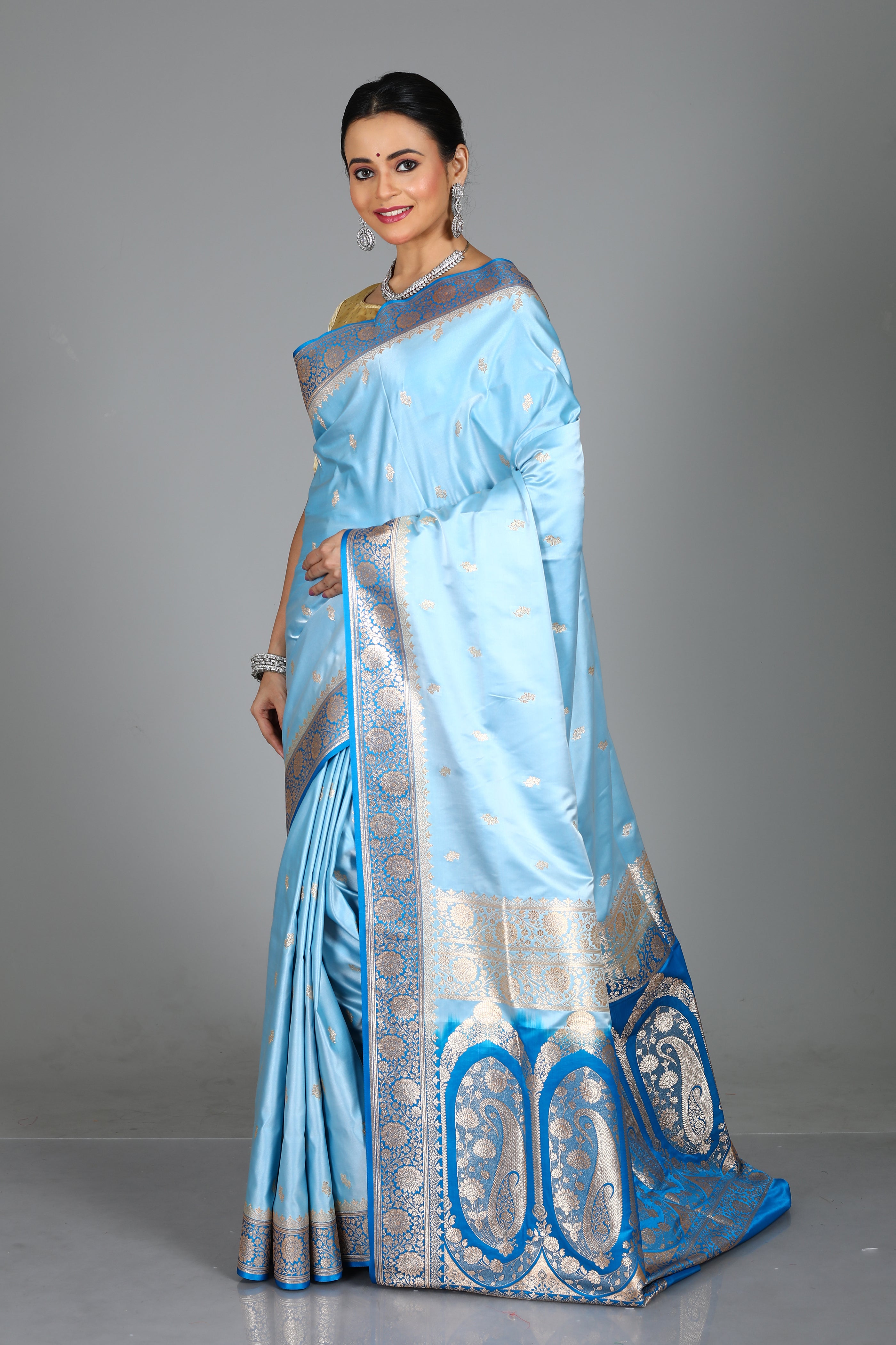 Sky Blue Blended Mashru Silk Saree