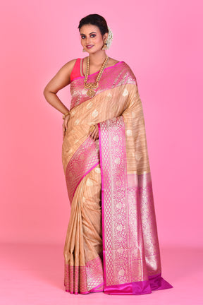 Beige Blended Tussar Saree with Pink Borders - Keya Seth Exclusive