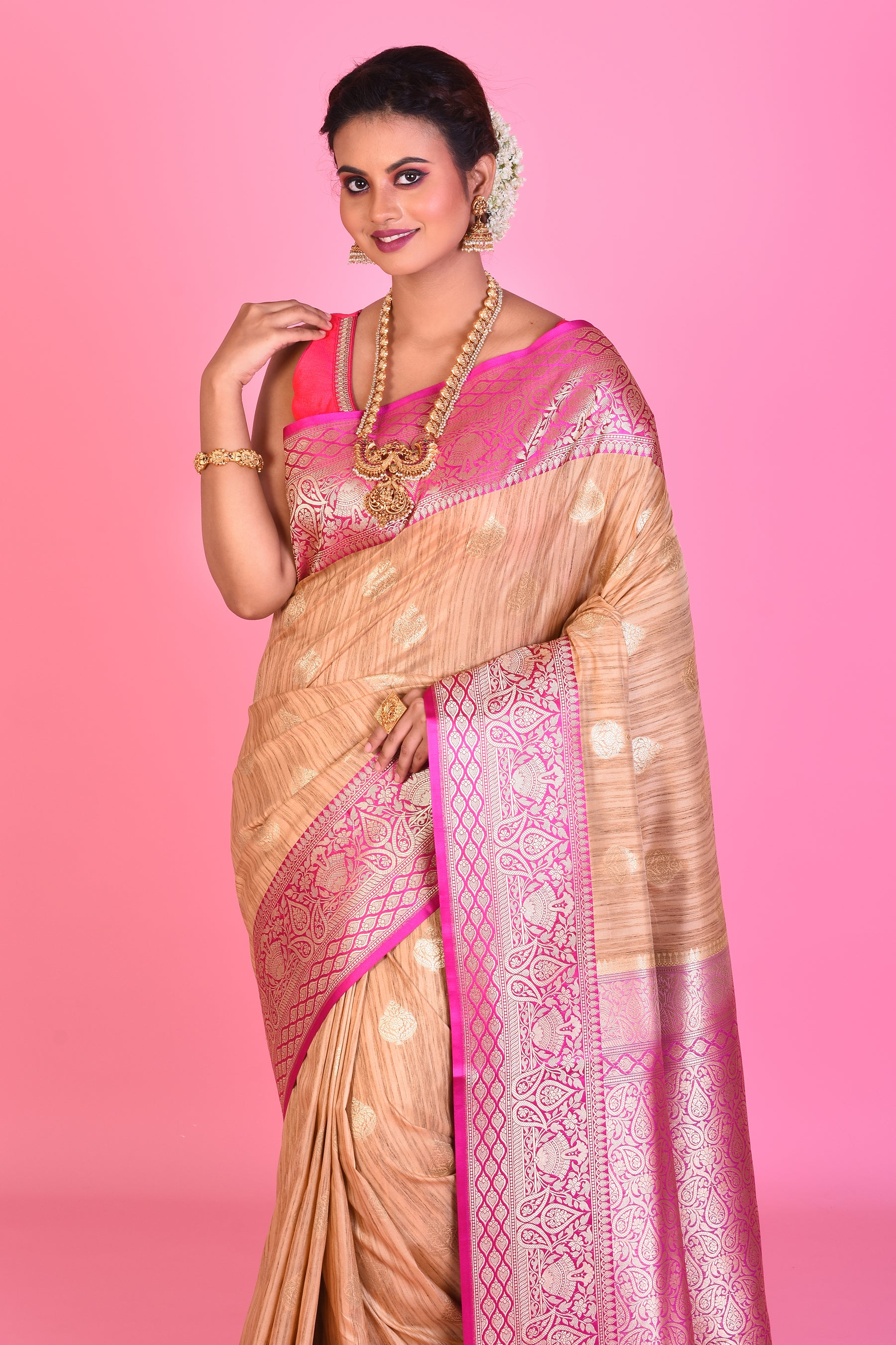 Beige Blended Tussar Saree with Pink Borders - Keya Seth Exclusive