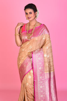 Beige Blended Tussar Saree with Pink Borders - Keya Seth Exclusive