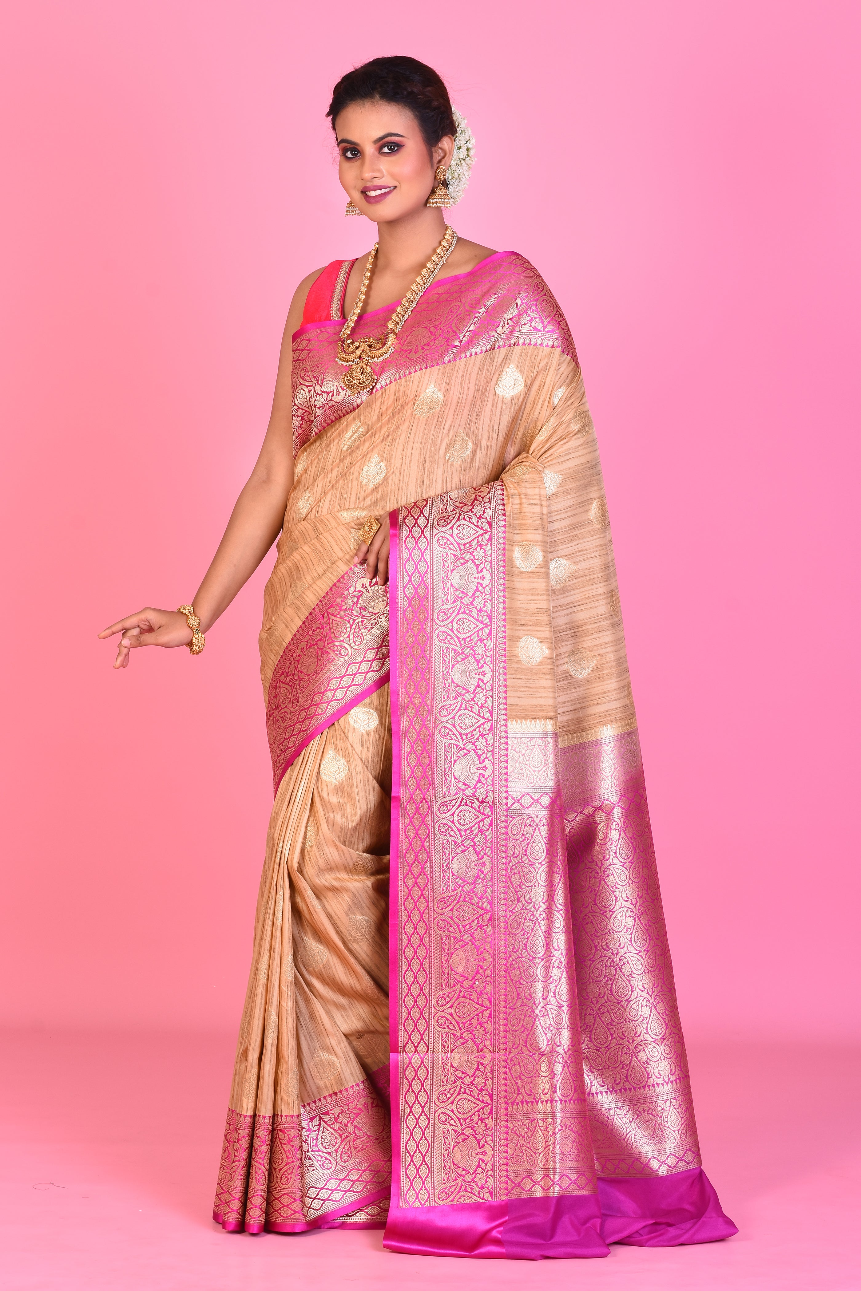 Beige Blended Tussar Saree with Pink Borders - Keya Seth Exclusive