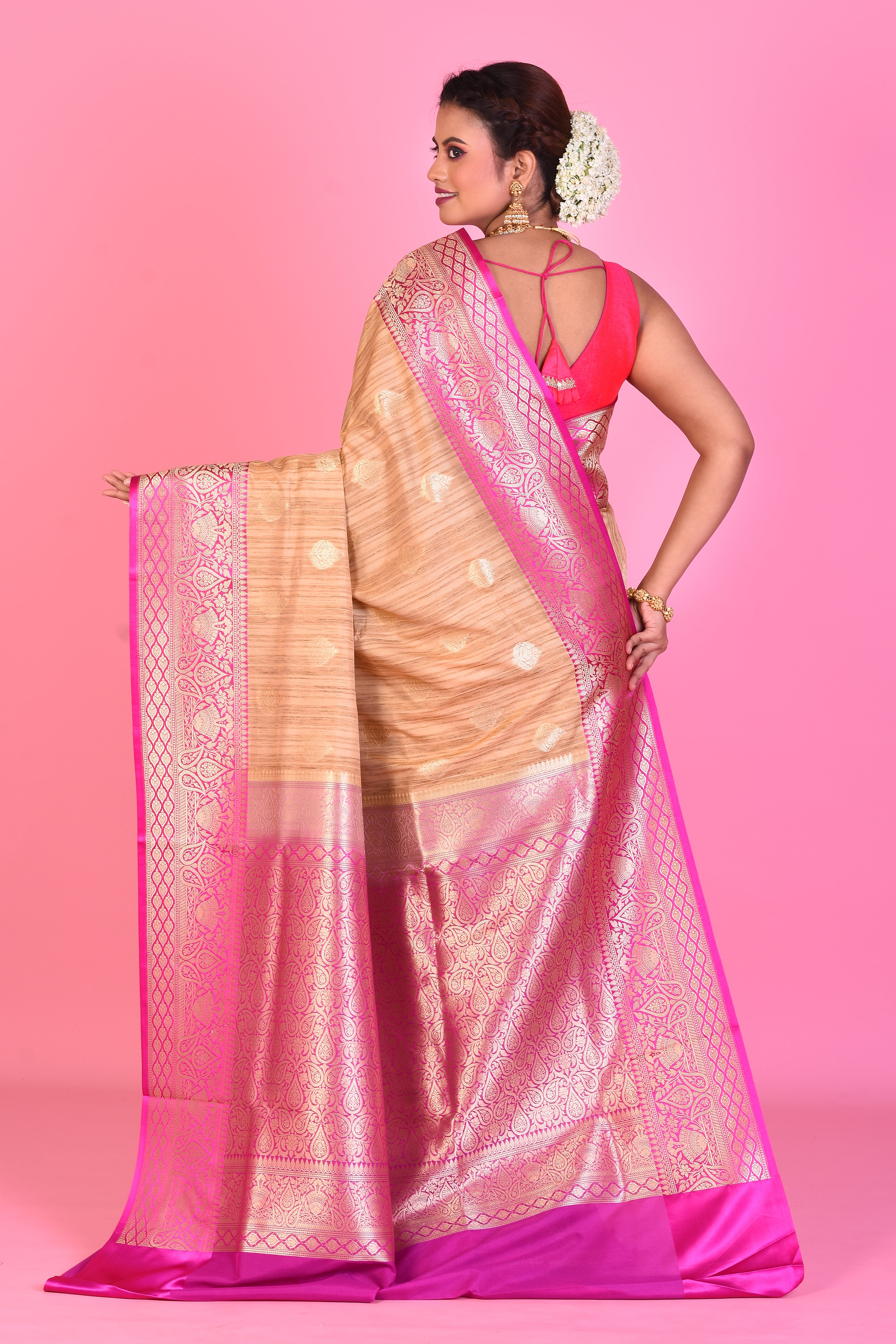 Beige Blended Tussar Saree with Pink Borders - Keya Seth Exclusive