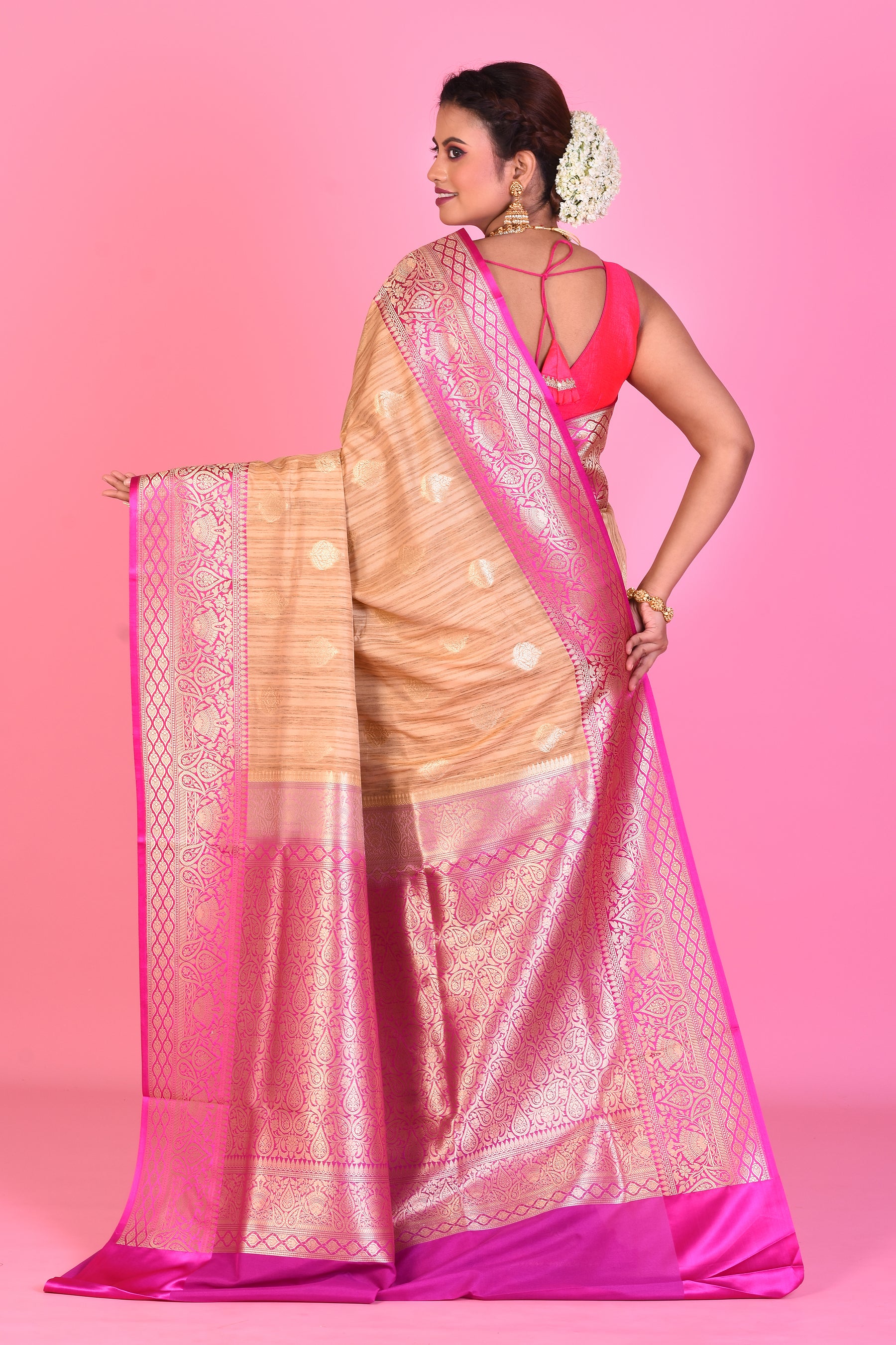 Beige Blended Tussar Saree with Pink Borders - Keya Seth Exclusive