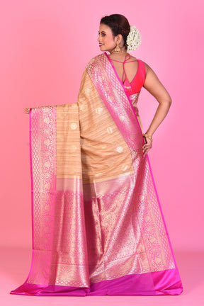 Beige Blended Tussar Saree with Pink Borders - Keya Seth Exclusive