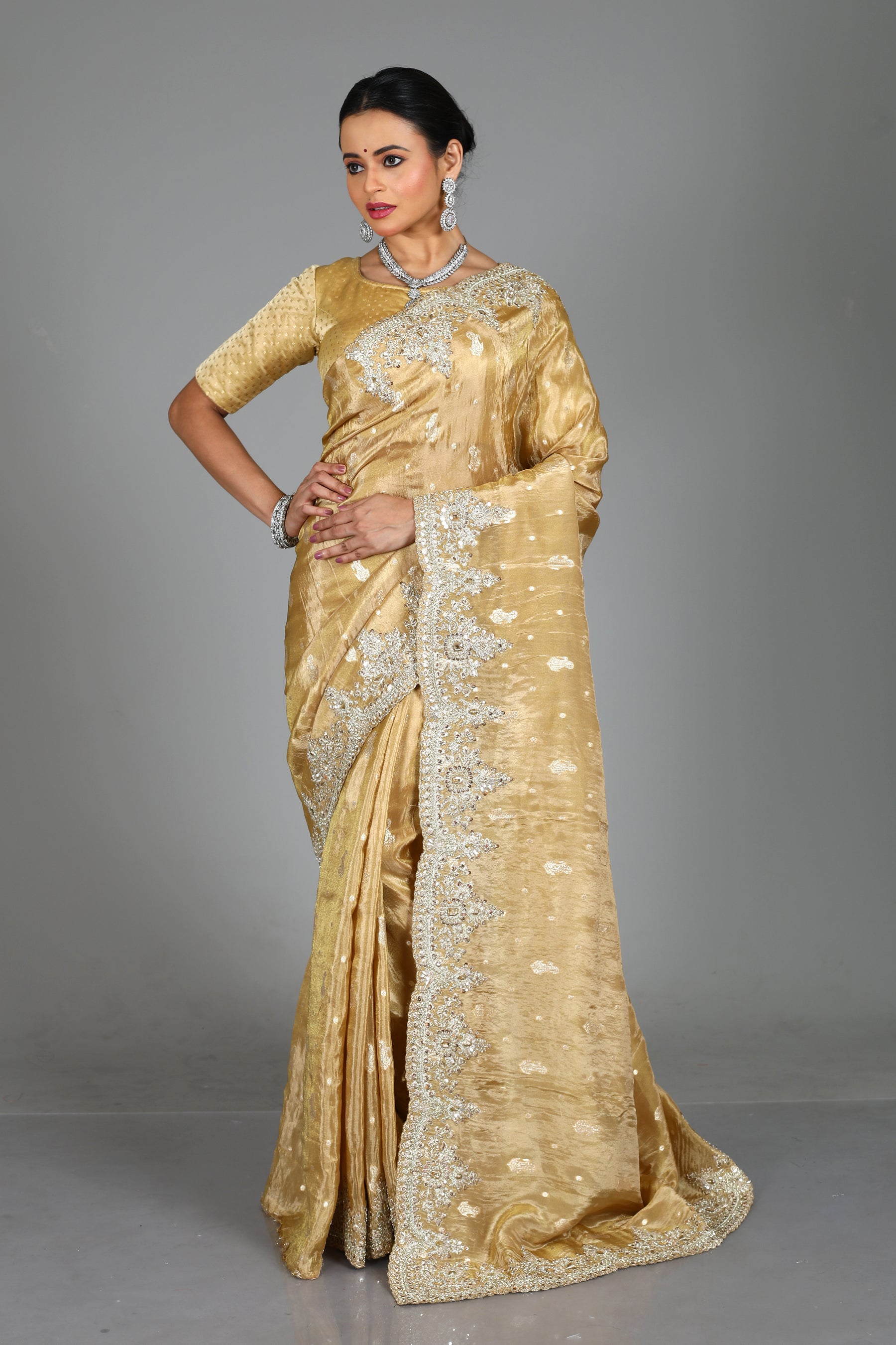 Beige Blended Satin Silk Saree